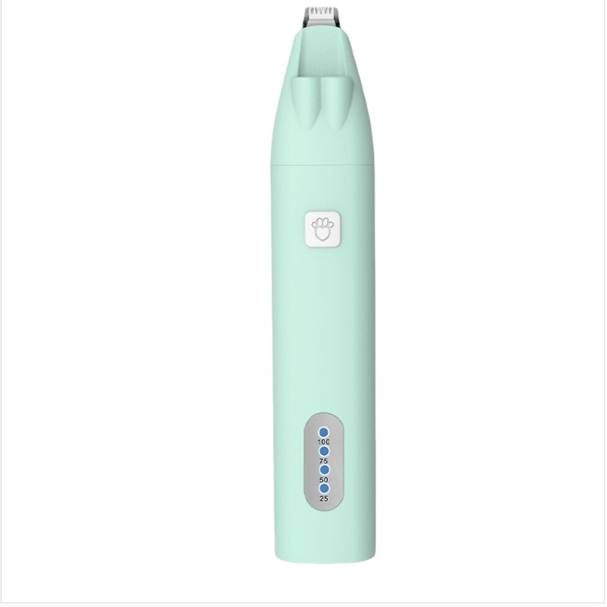 Ein mintgrüner Haarschneider mit weißer Pfotentaste und Batterieanzeige auf weißem Hintergrund.