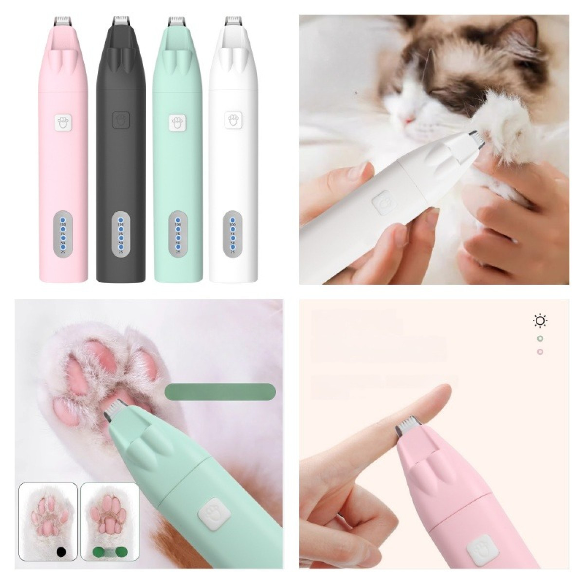 Vier kleine, kabellose Tierhaarschneider in Pink, Schwarz, Mintgrün und Weiß mit LED-Anzeige.