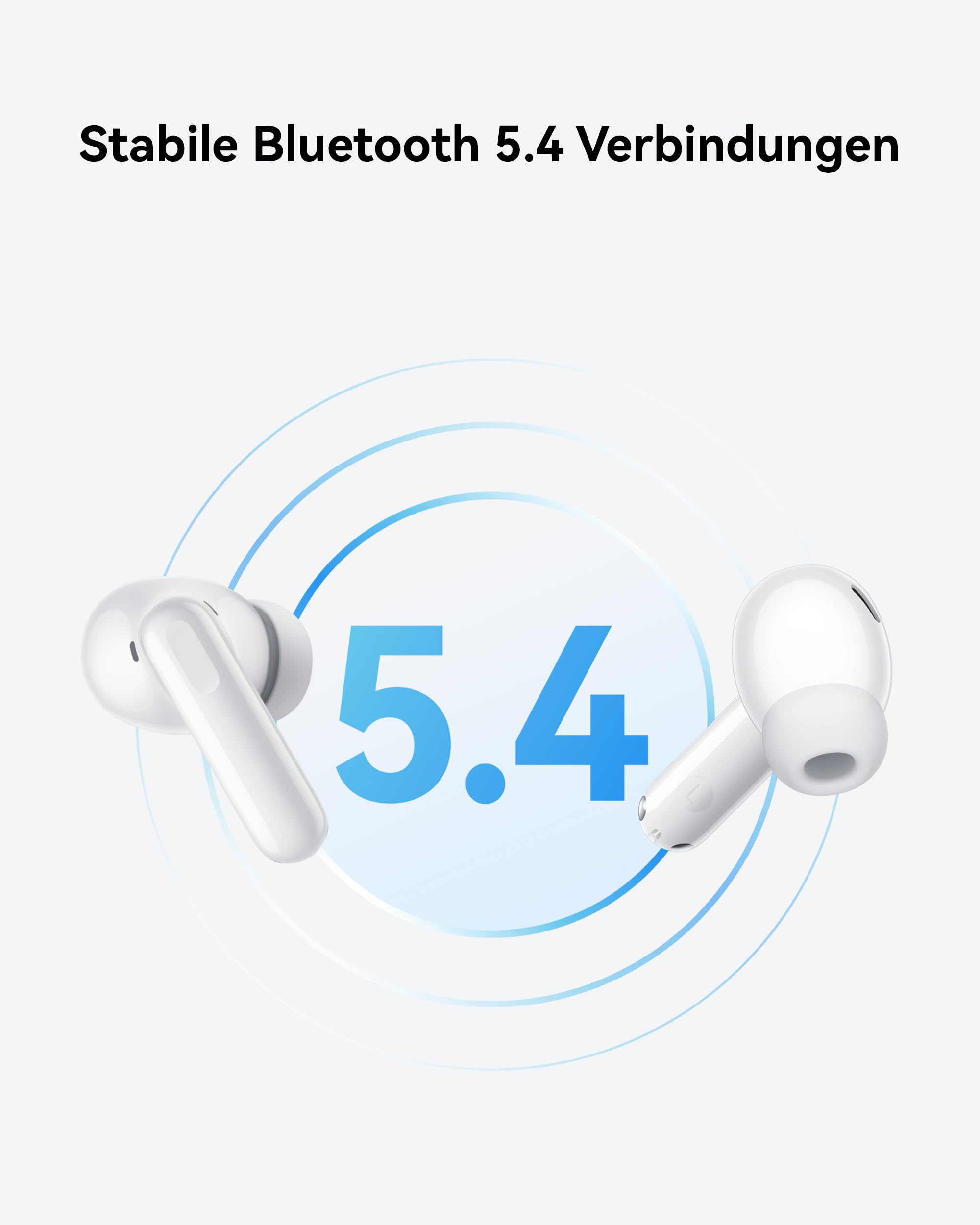 Due auricolari bianchi wireless davanti a onde blu e il numero 5.4.
