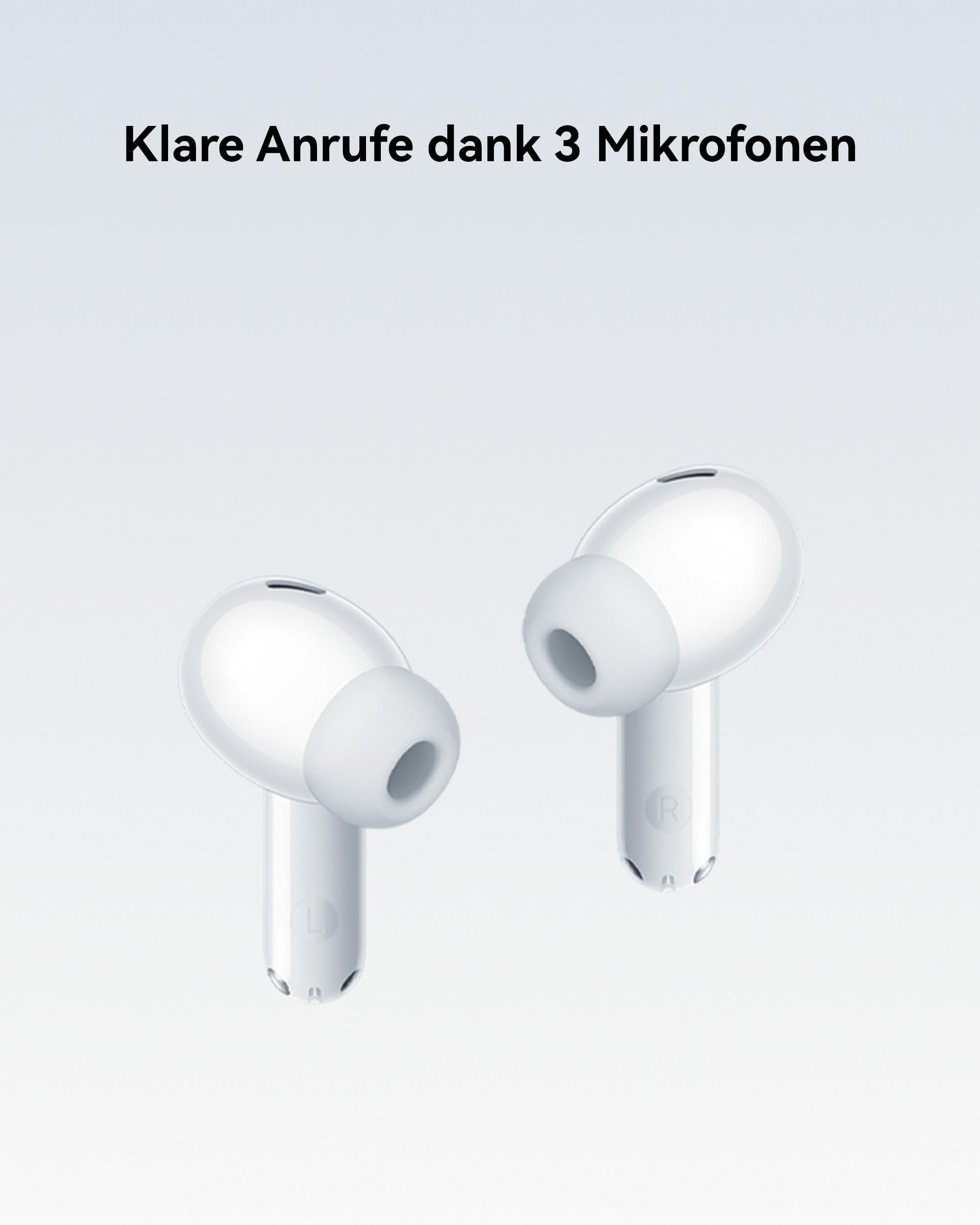 Due cuffie in-ear bianche su sfondo grigio con testo sulle chiamate chiare con 3 microfoni.
