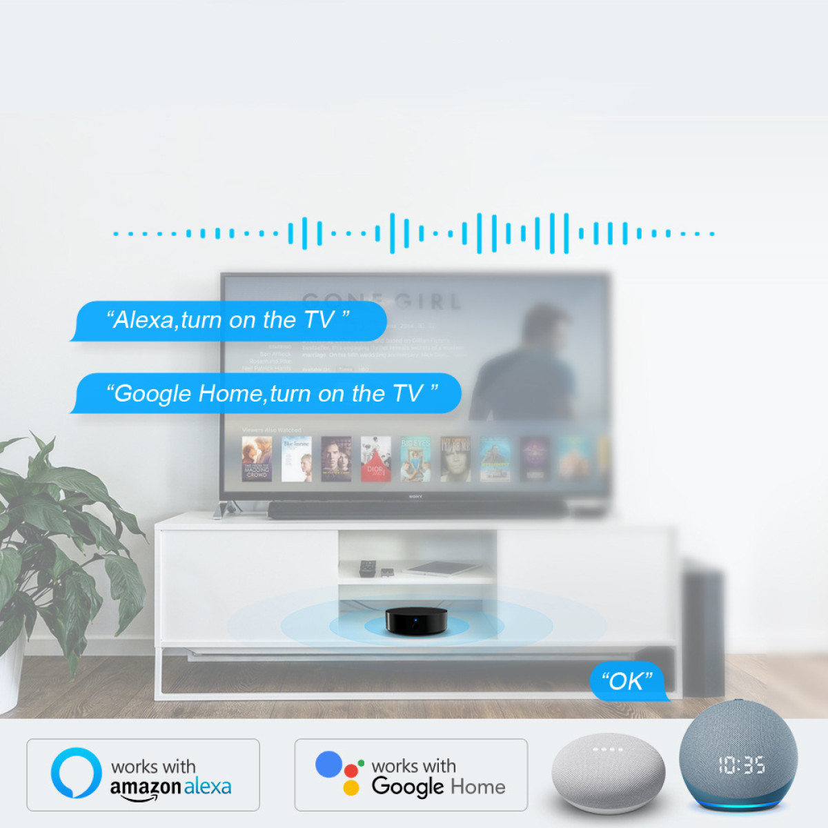 Intelligente Lautsprecher und Sprachbefehle für Alexa und Google Home zur Steuerung eines Fernsehers.