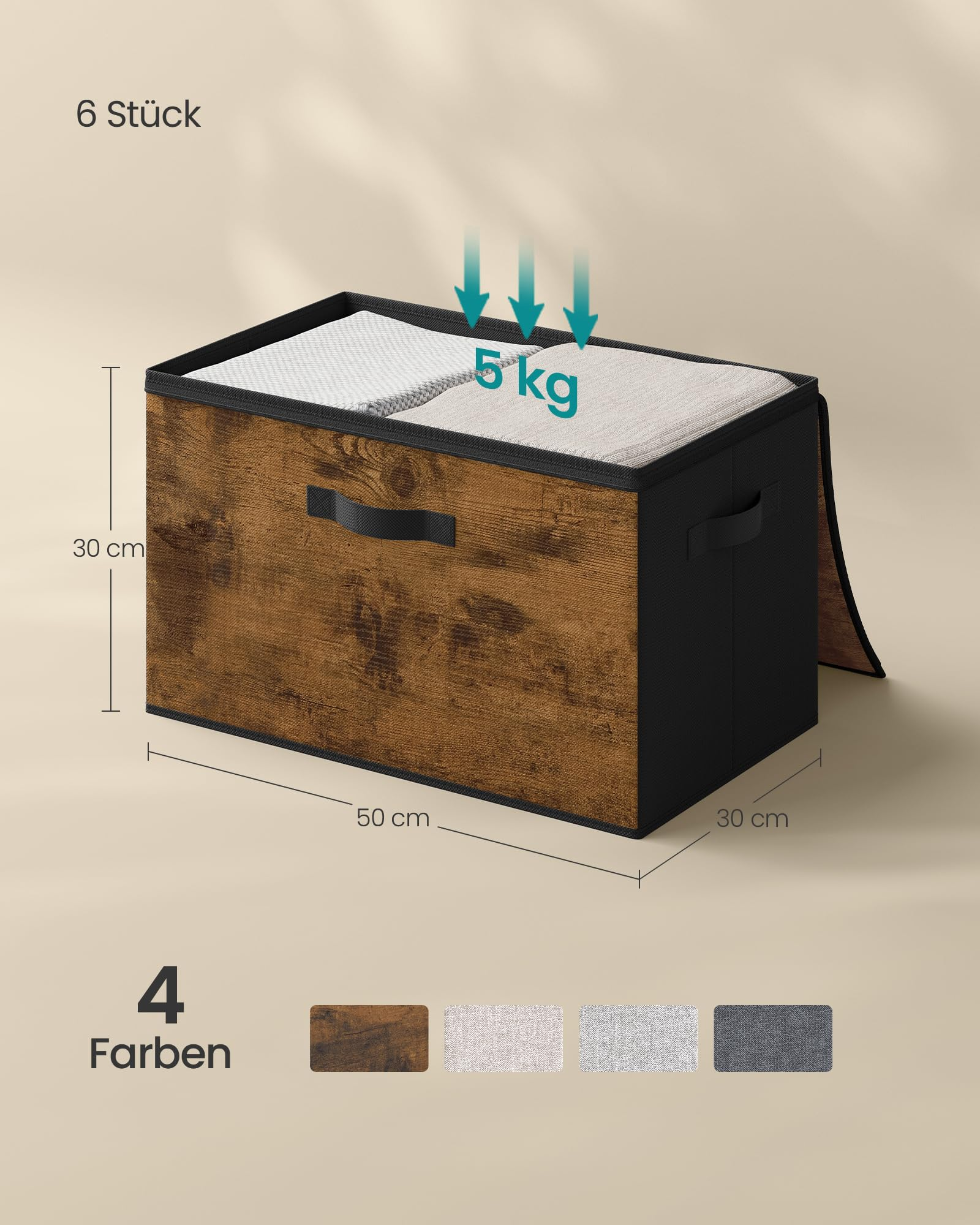Scatola portaoggetti effetto legno 50x30x30 cm, supporta 5 kg, con parte superiore in tessuto.
