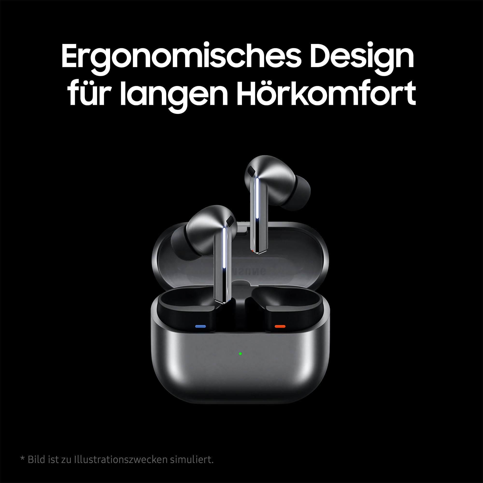 Eleganti auricolari wireless argentati in custodia di ricarica su sfondo nero con testo in tedesco.