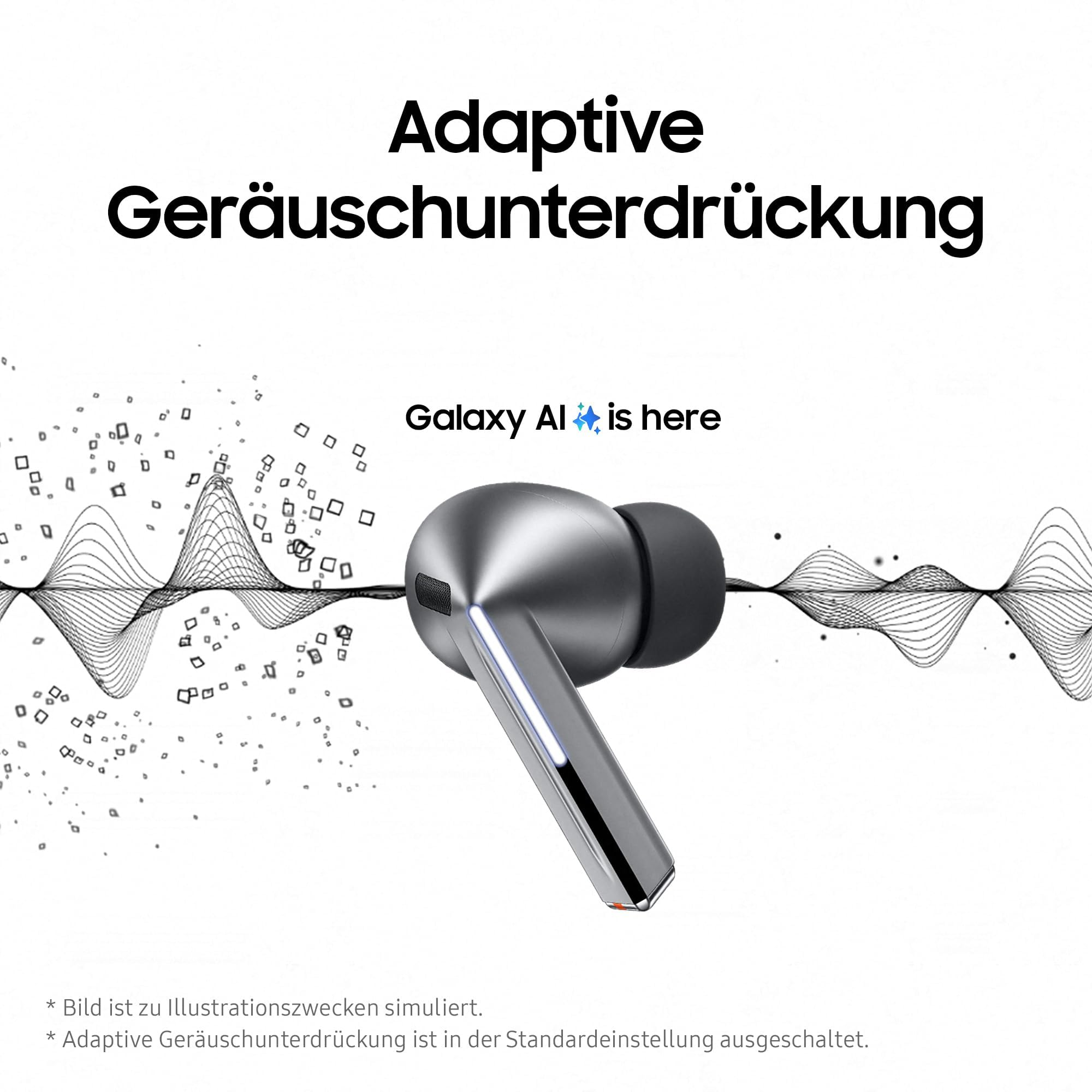 Un auricolare in-ear argento con cancellazione attiva del rumore e onde sonore.