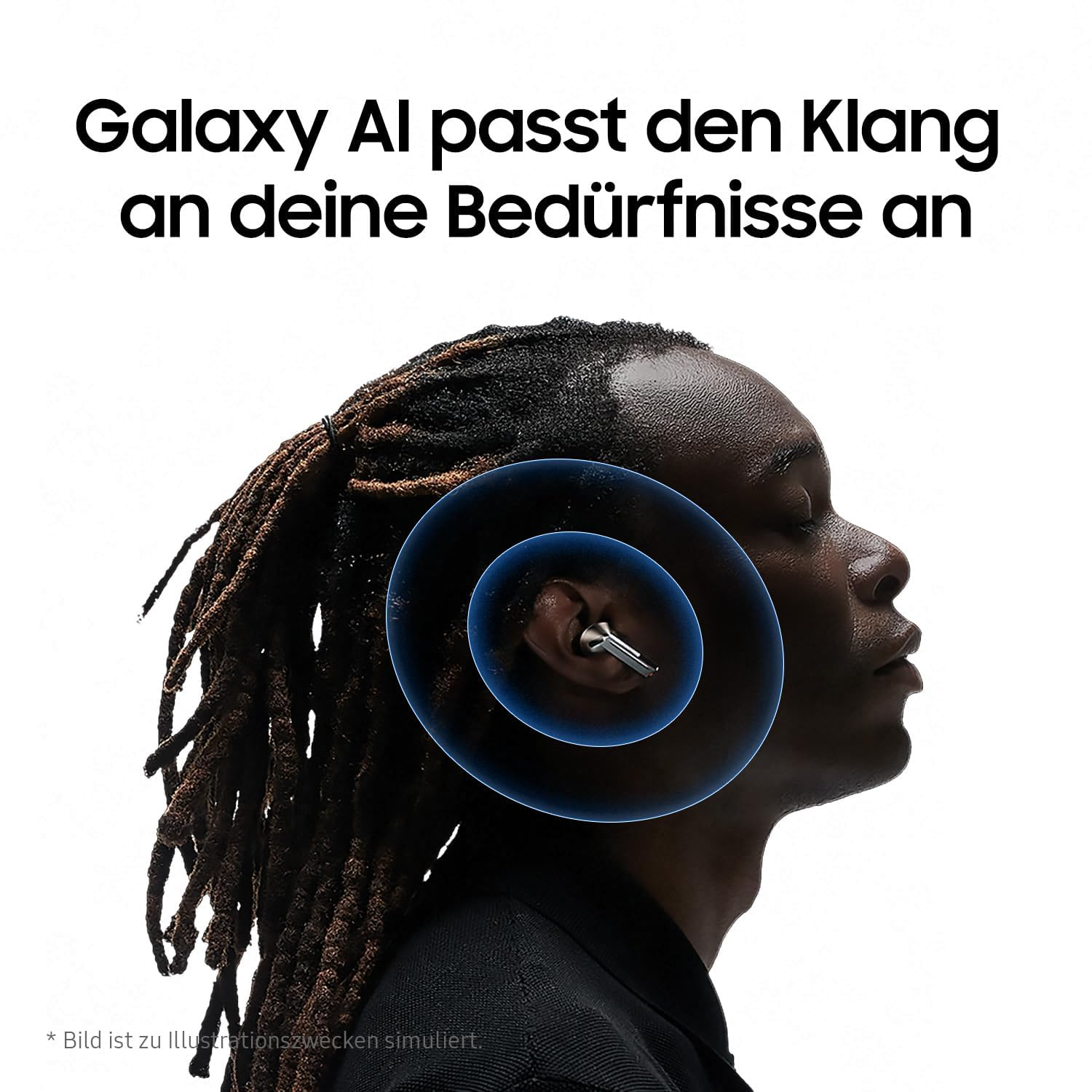 Una persona con auricolari e onde sonore blu intorno all'orecchio.