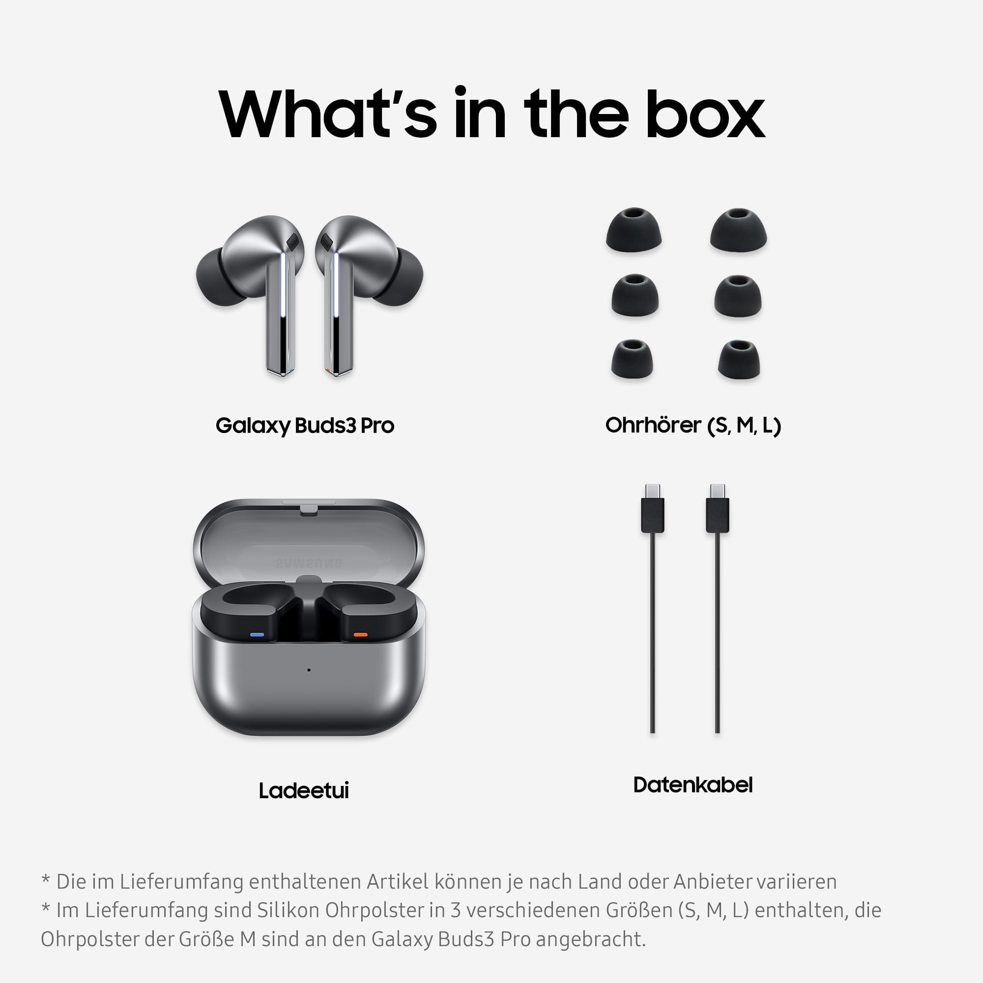 Contenuto della confezione: Galaxy Buds3 Pro, copriauricolari (S, M, L), custodia di ricarica e cavo dati su sfondo bianco.