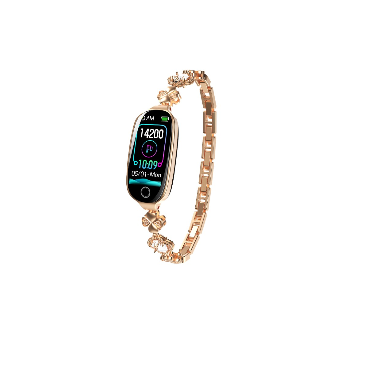 Ein roségoldenes Smart-Armband mit Digitaldisplay und verzierten Gliedern auf weißem Hintergrund.