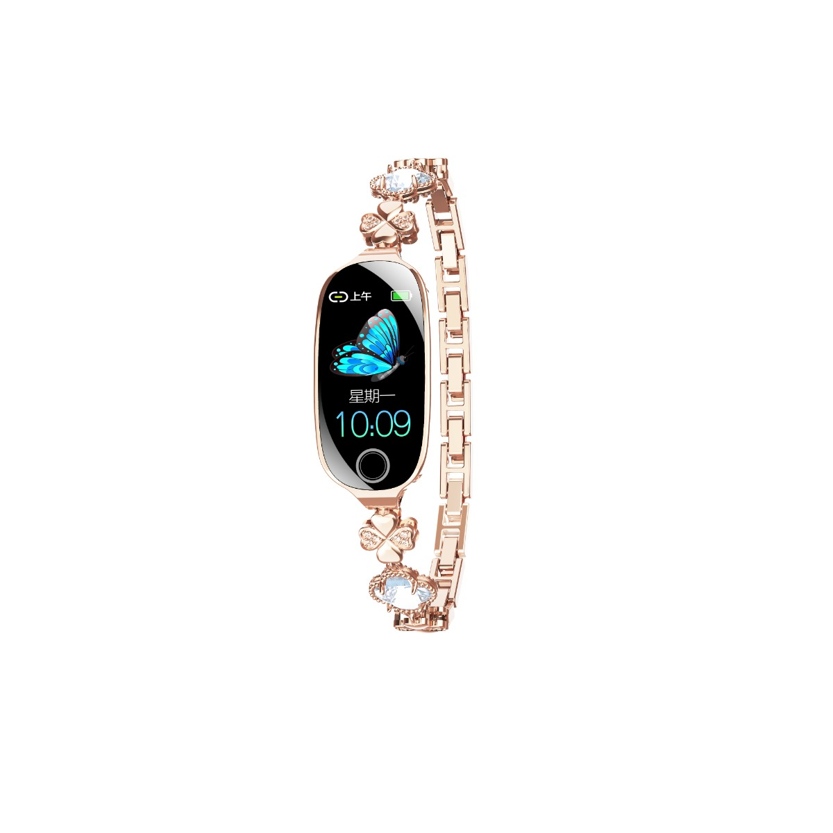Ein roségoldenes Smart-Armband mit Display, das einen blauen Schmetterling und die Uhrzeit 10:09 zeigt, auf weißem Grund.
