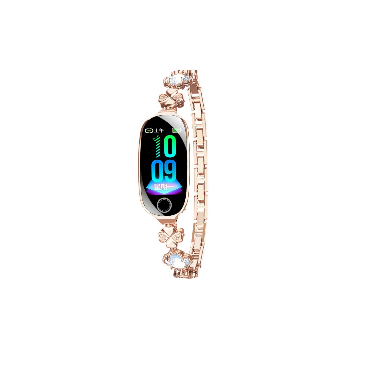 Roségoldene Smartwatch mit Schmuckarmband und digitalem Display.