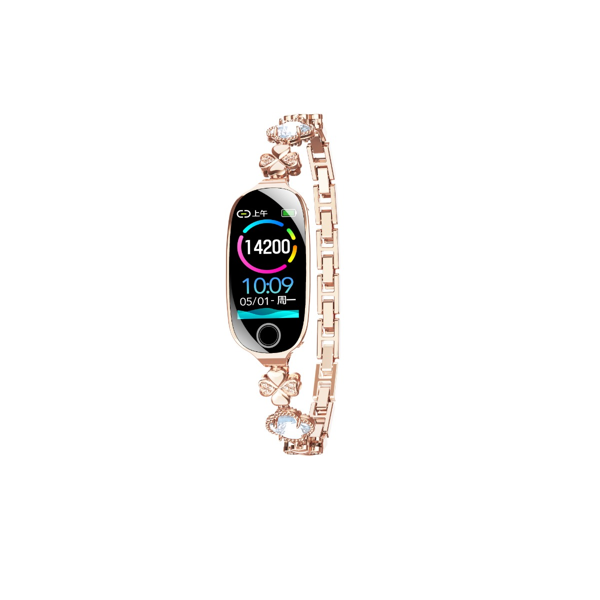 Roségoldenes Smartwatch-Armband mit einem runden Bildschirm, der die Uhrzeit und Aktivitätsdaten anzeigt.