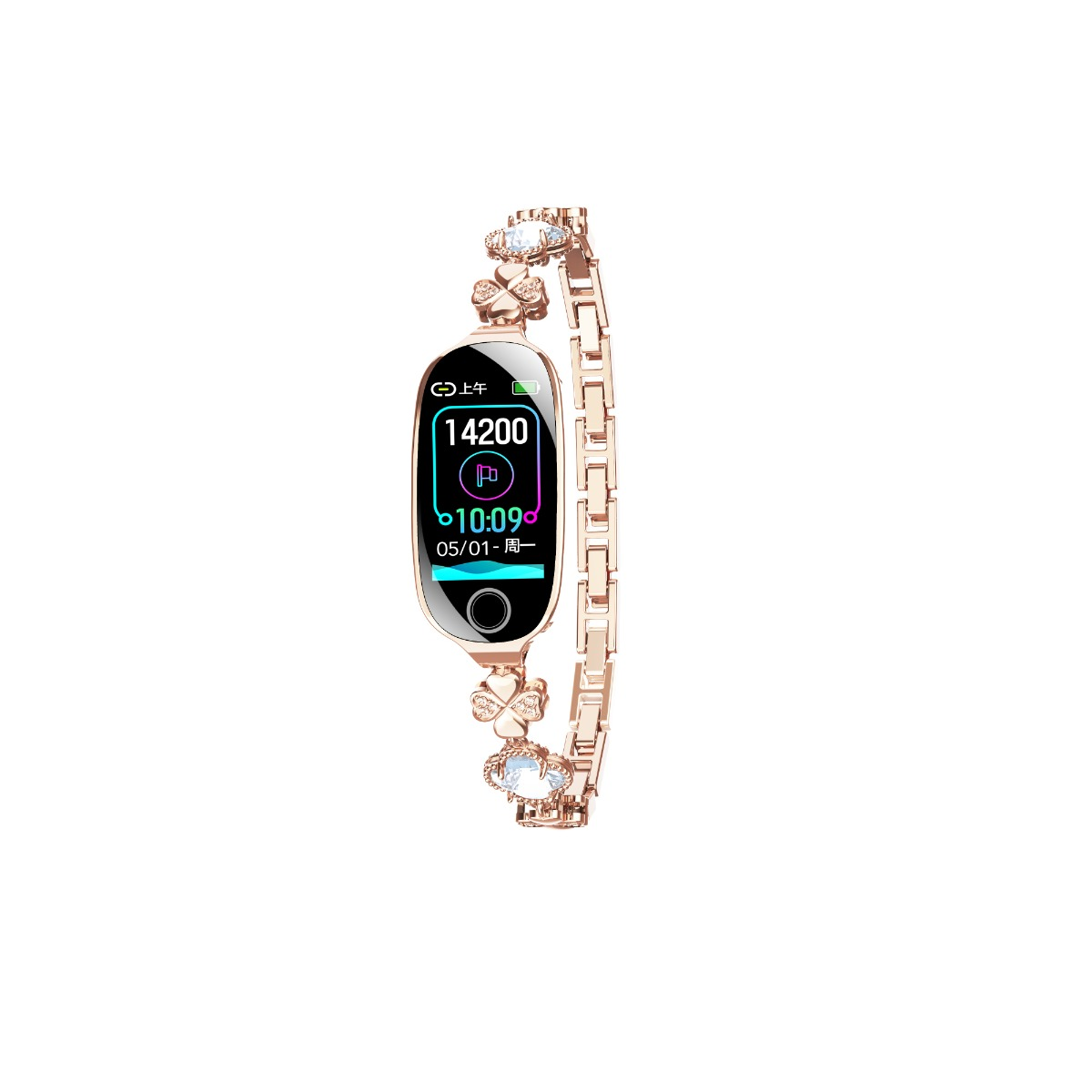 Elegantes rosévergoldetes Smartband mit digitalem Display und funkelnden Steinakzenten.