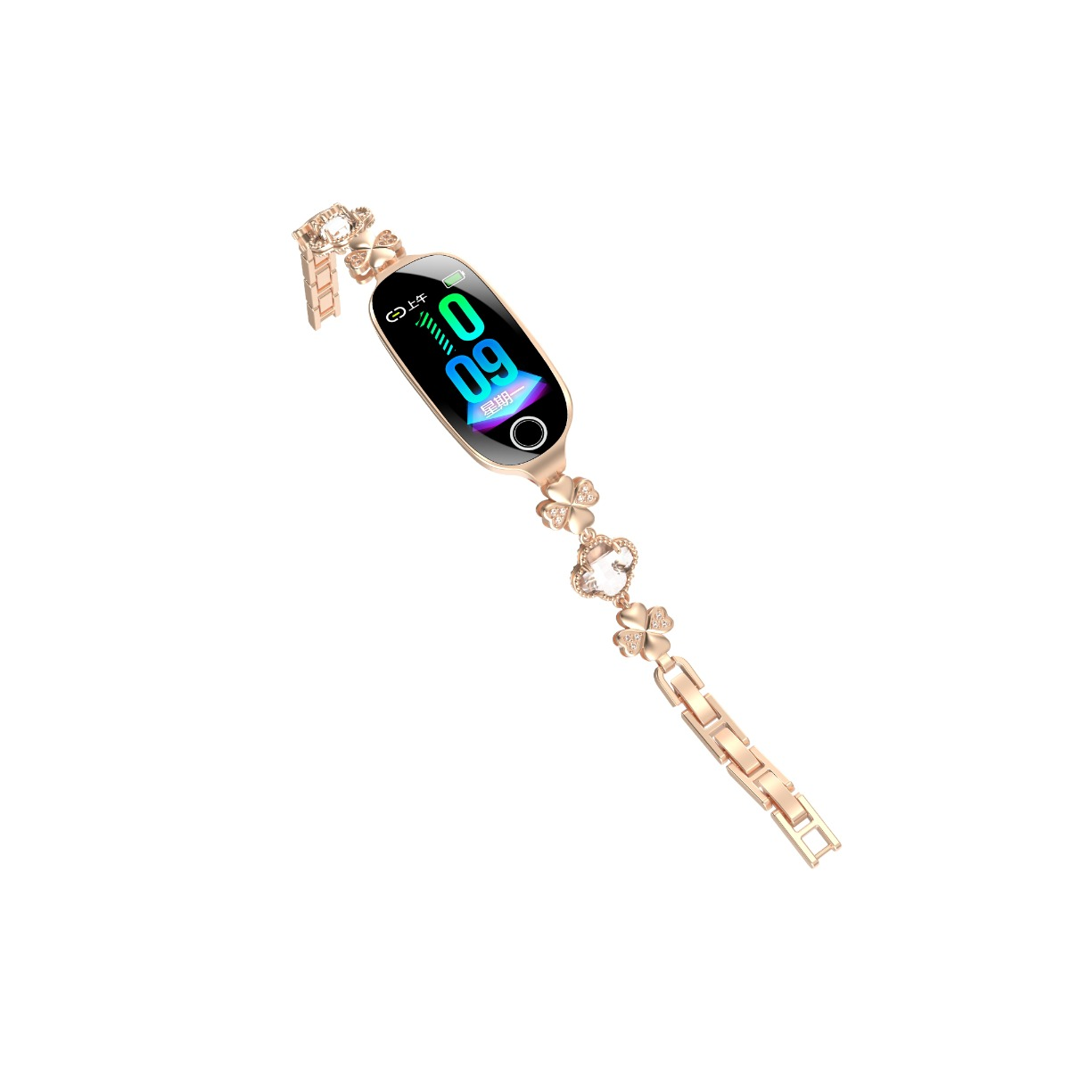 Ein roségoldenes Smart-Armband mit Digitaldisplay und dekorativer Kette mit Kleeblatt- und Kristallelementen.