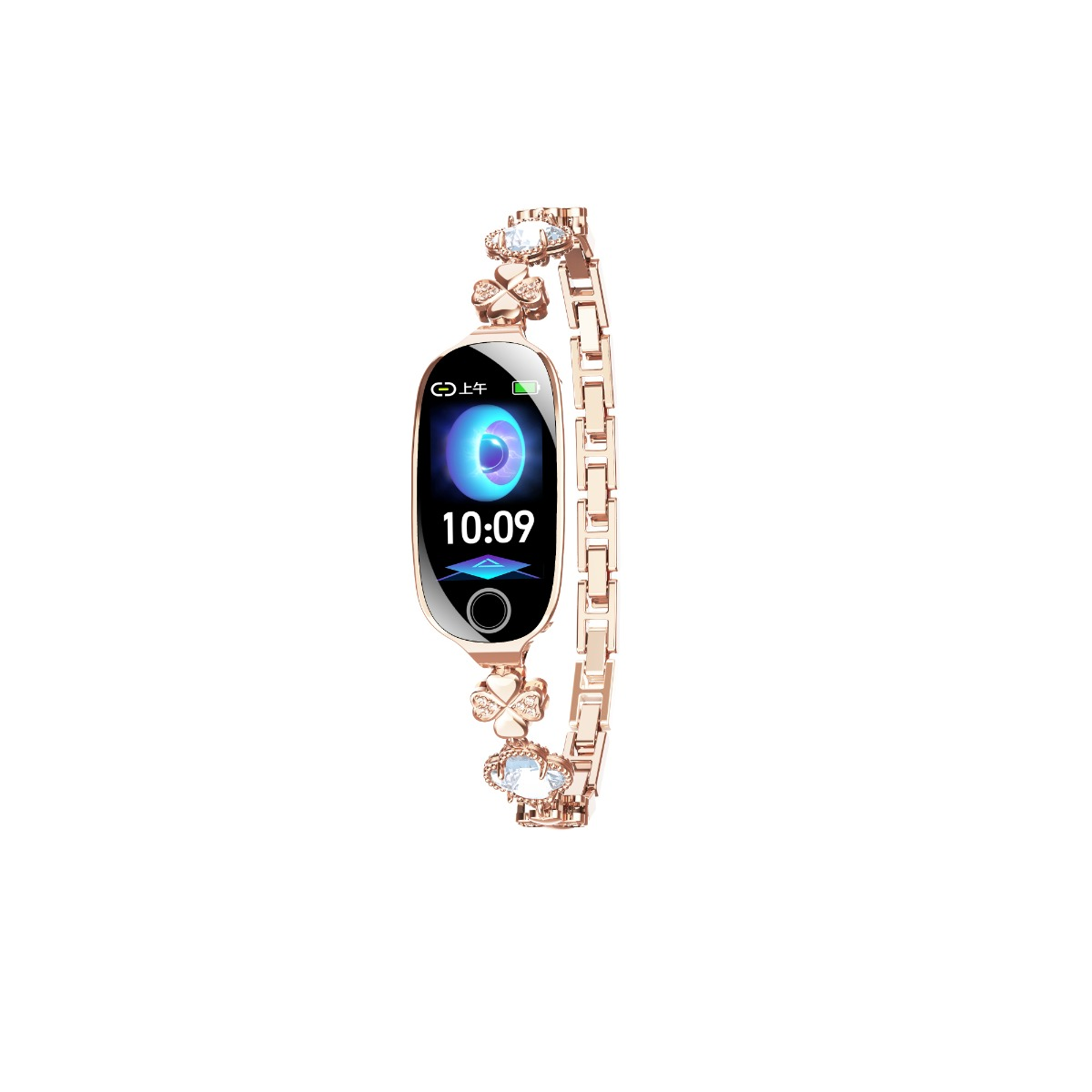Rosegoldenes Smartwatch-Armband mit Schmucksteinen und digitaler Anzeige, die 10:09 Uhr anzeigt.