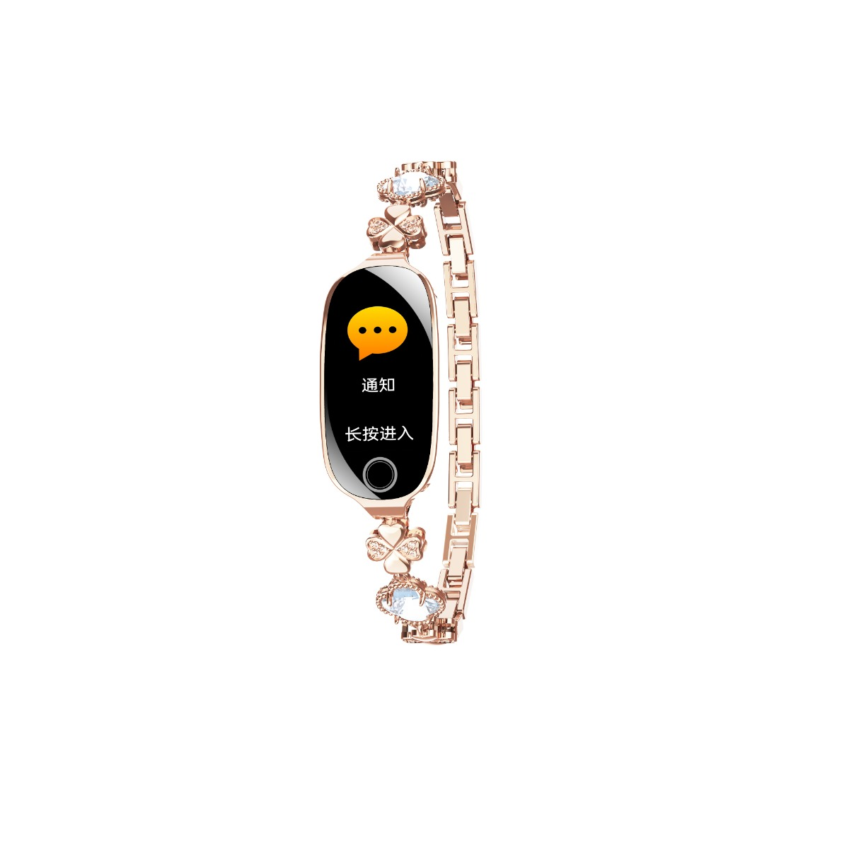 Elegantes rosévergoldetes Smart-Armband mit Display und Schmucksteinen.
