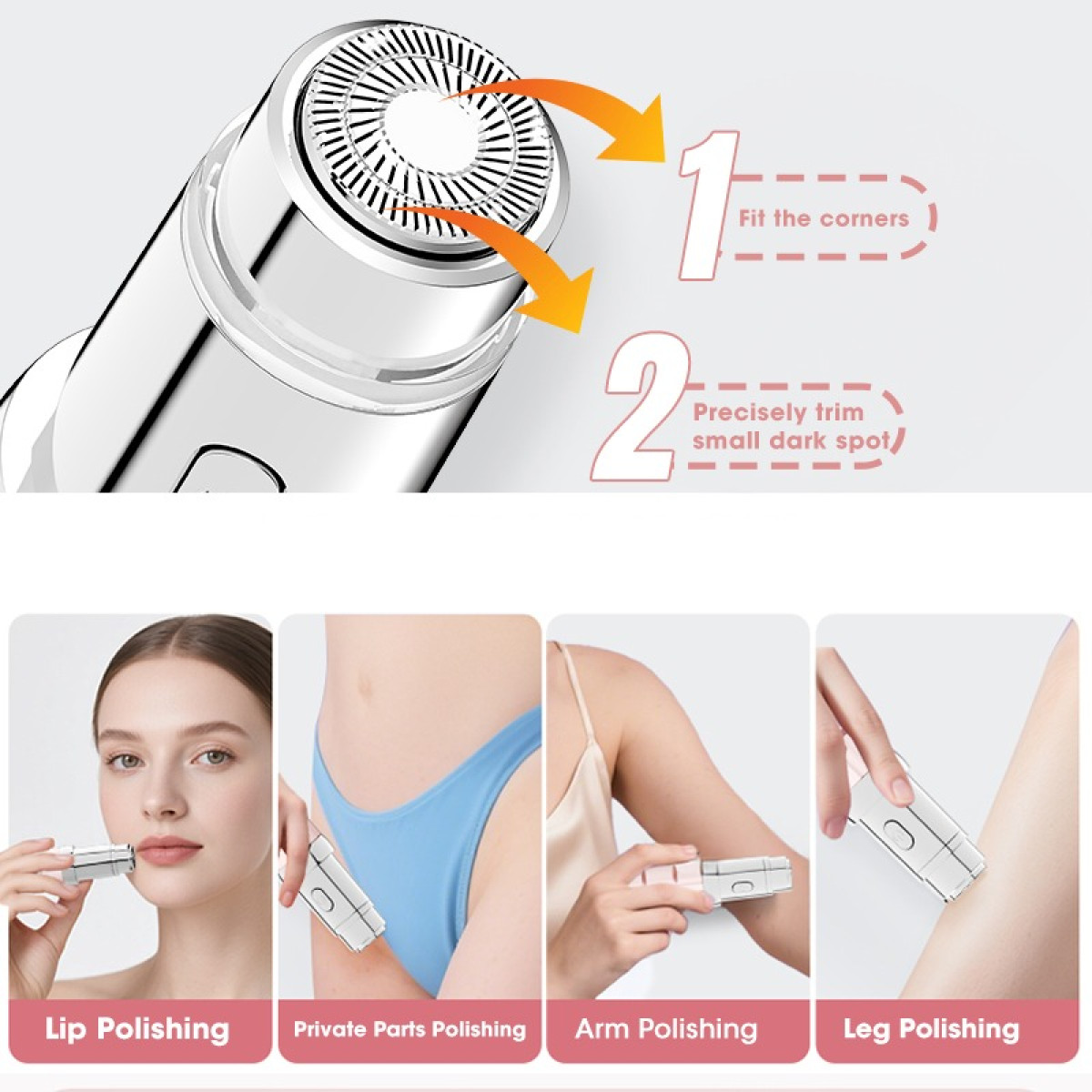 Produktmerkmale und Anwendungsanleitung für einen Präzisionstrimmer an Lippen, Bikinizone, Arm und Bein.