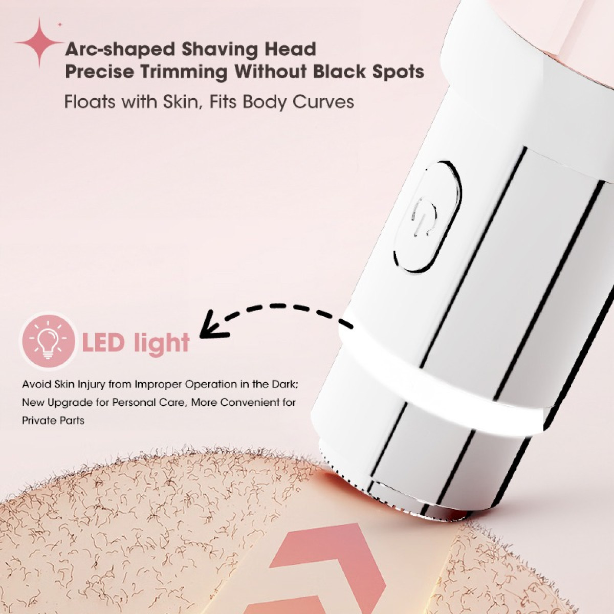 Ein weißer Trimmer mit LED-Licht, Bogen-Schneidkopf und Werbetext.