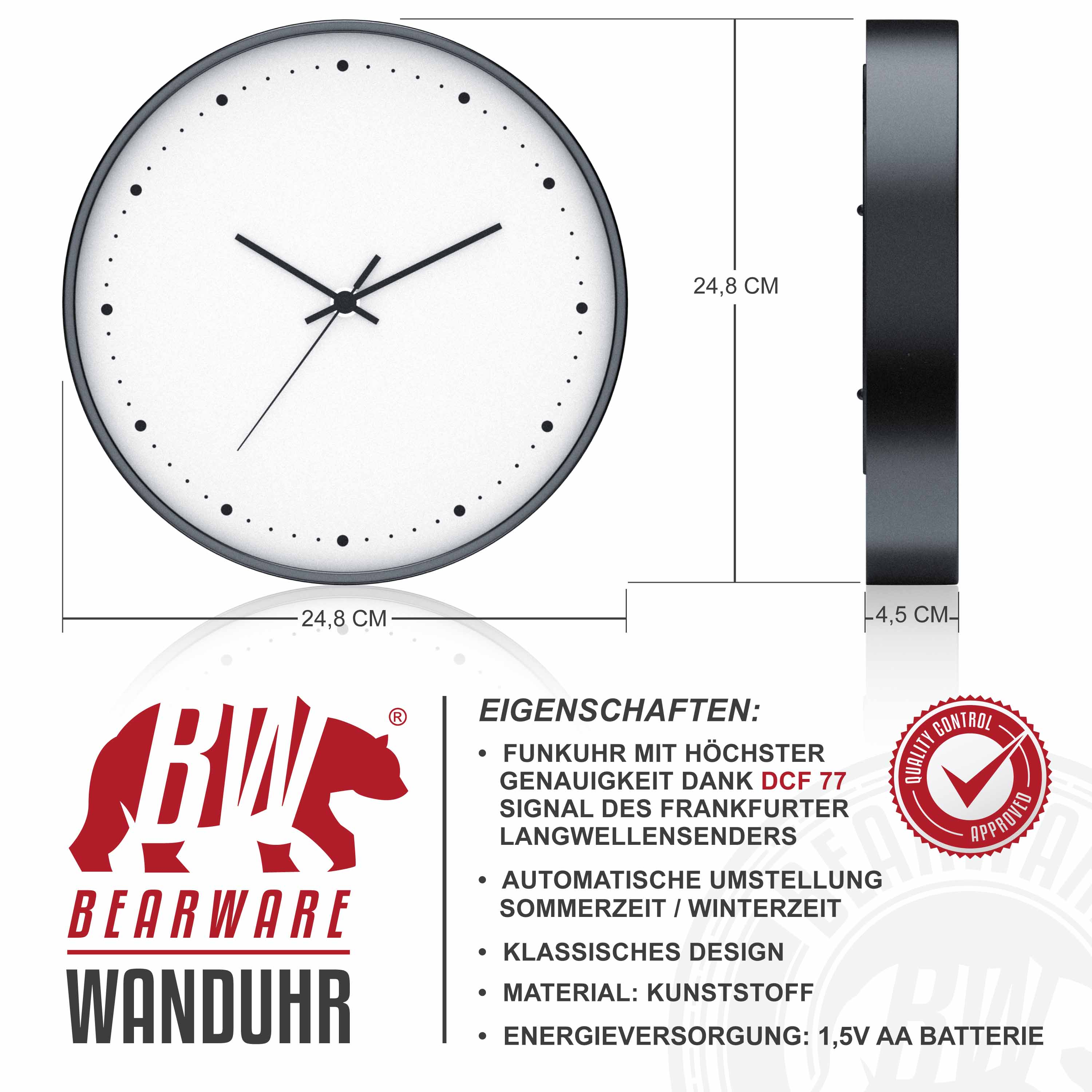Technische Zeichnung und Eigenschaften einer runden Bearware Wanduhr mit Maßen und Markenlogo.