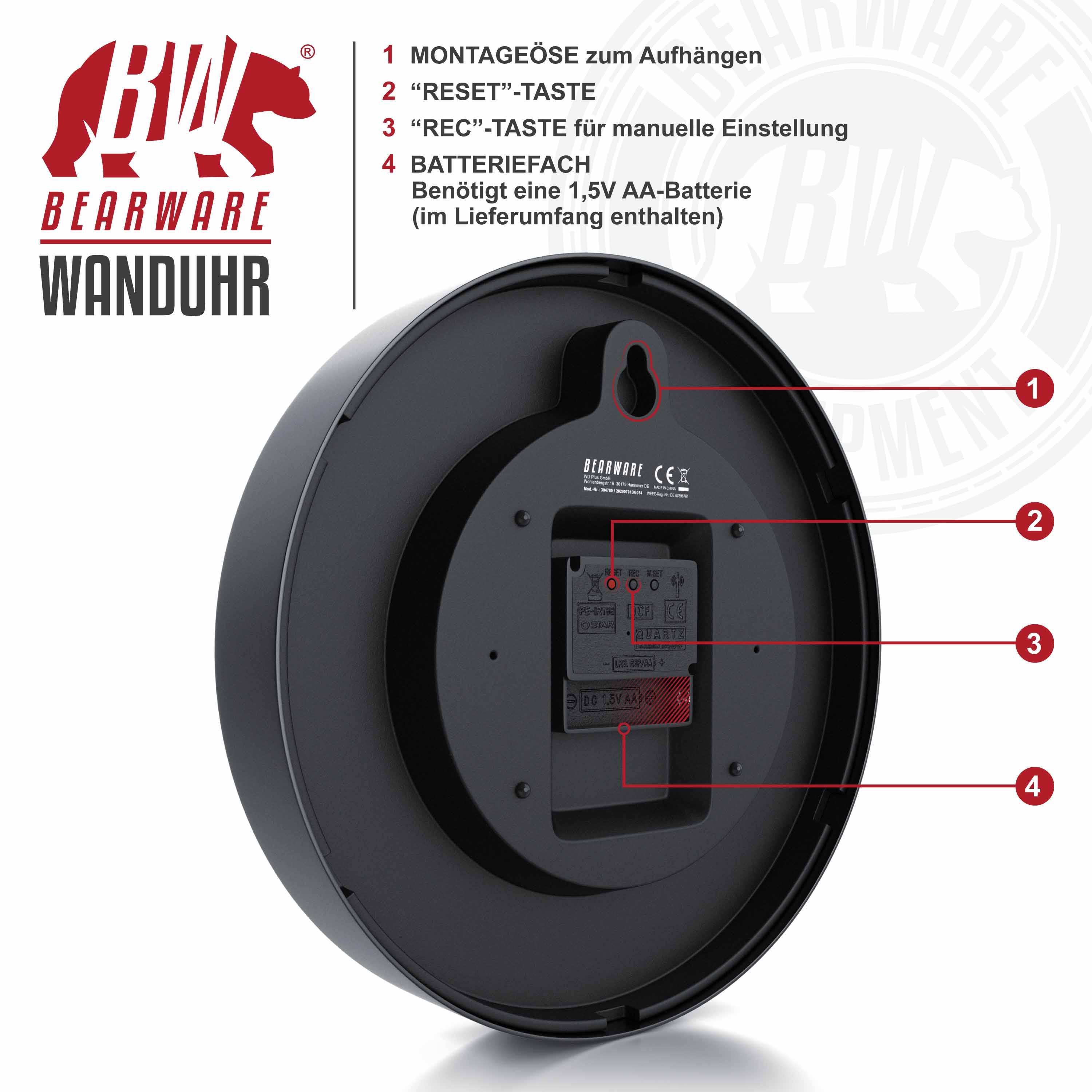 R ückseite einer schwarzen Bearware Wanduhr mit beschrifteten Bedienelementen und Batteriefach.