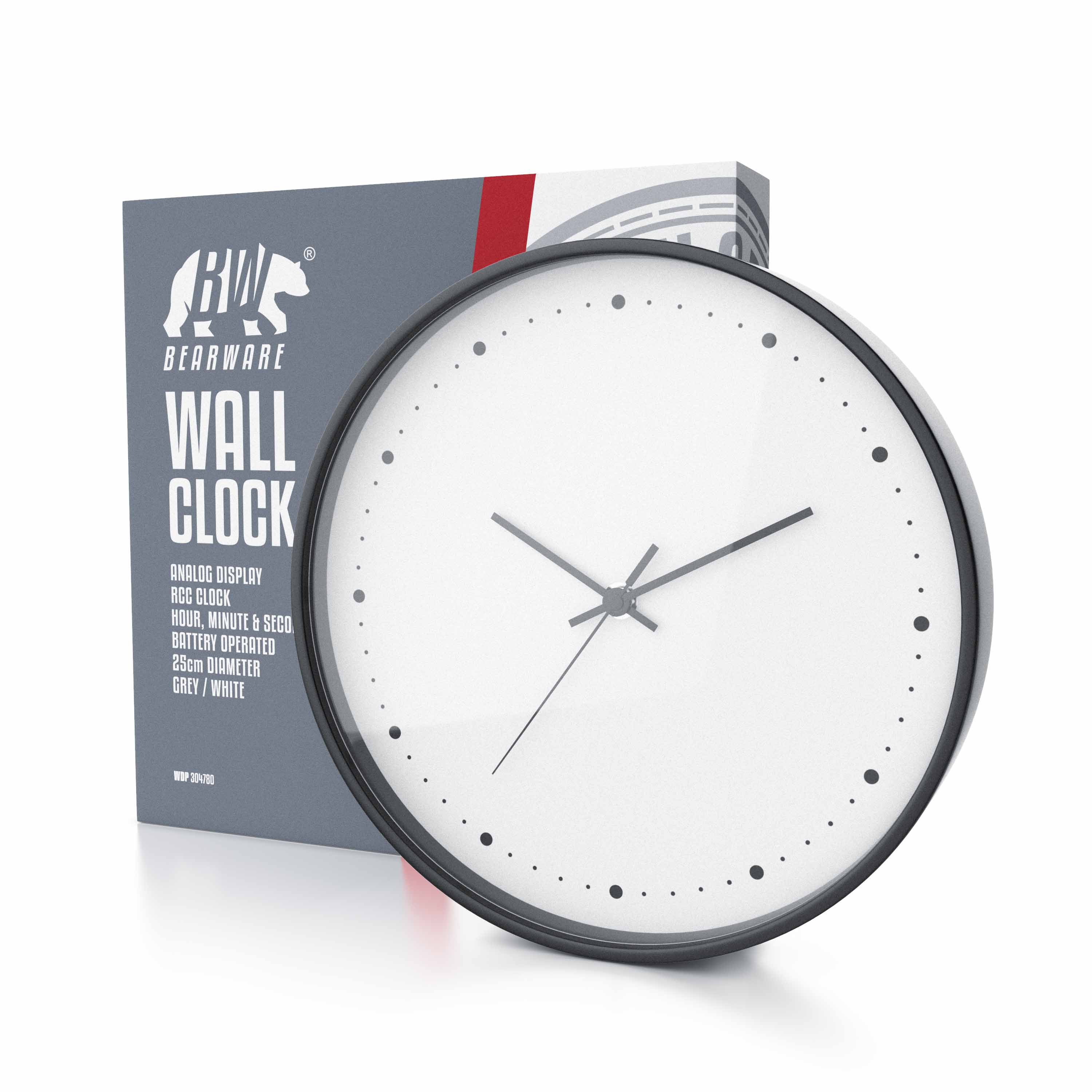 Eine runde weiße Wanduhr mit schwarzem Rahmen steht vor ihrer grauen Markenverpackung.