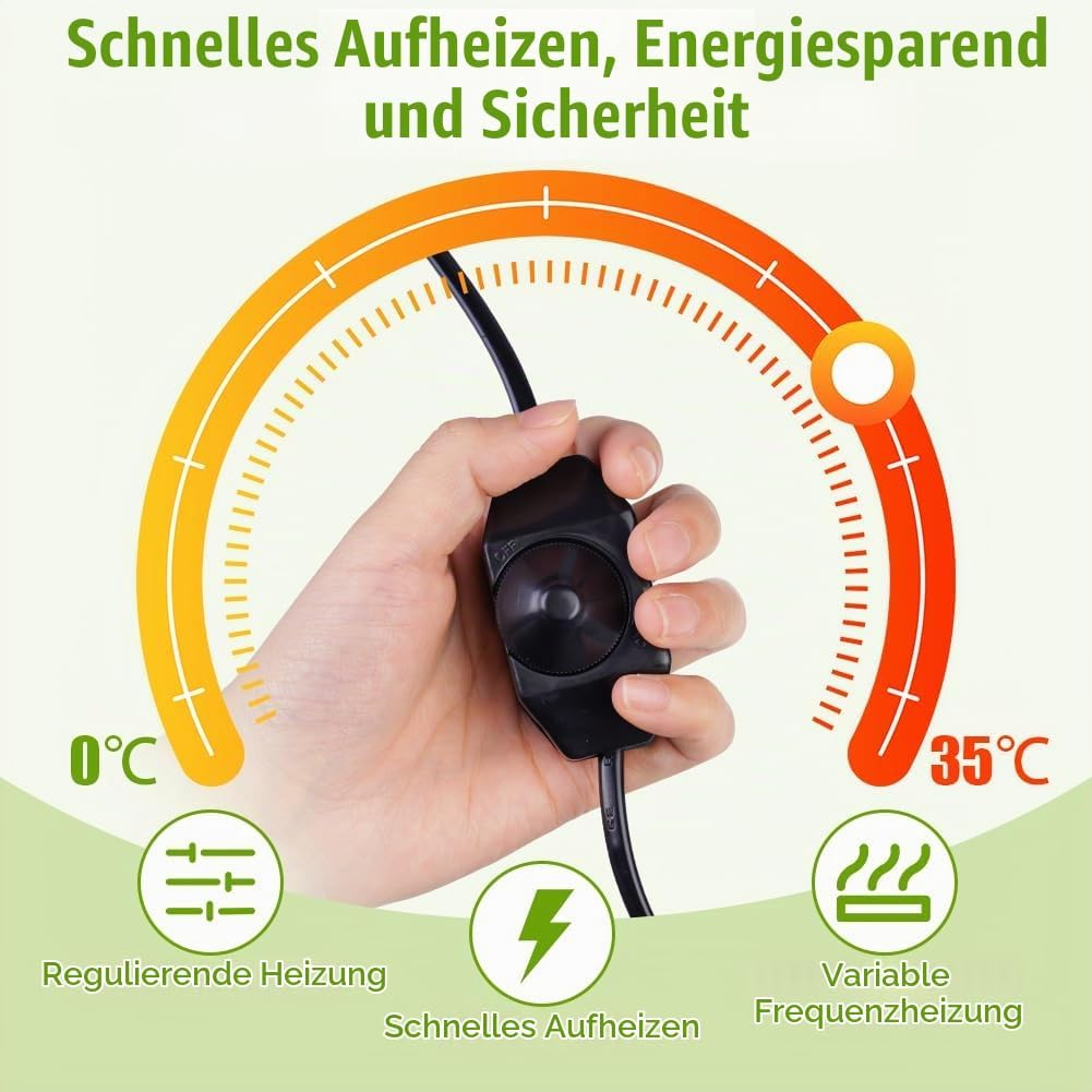 Hand hält einen Regler vor einer Temperaturanzeige von 0°C bis 35°C mit Symbolen für schnelles und regulierendes Heizen.