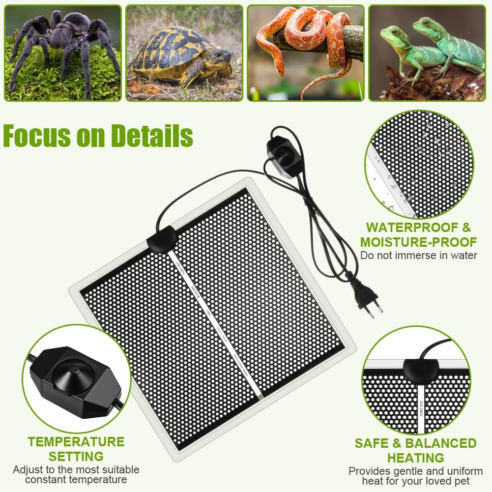Wasserdichte Reptilien-Heizmatte mit Temperaturregler und Netzteil, geeignet für Spinnen, Schildkröten und Schlangen.