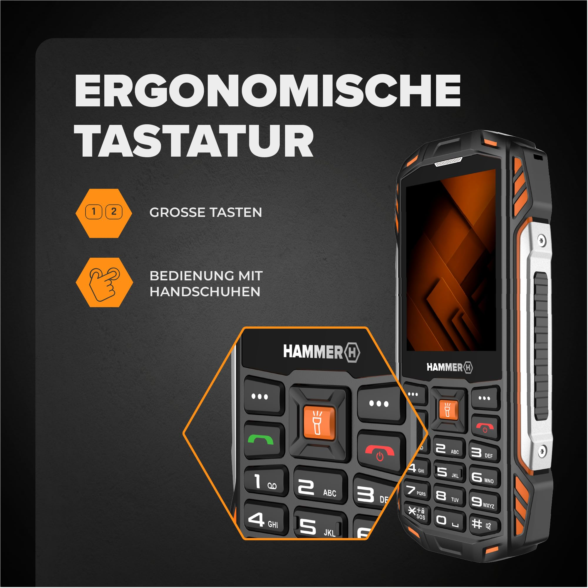 Ein robustes Hammer-Smartphone mit großer Tastatur und Text auf schwarzem Hintergrund.