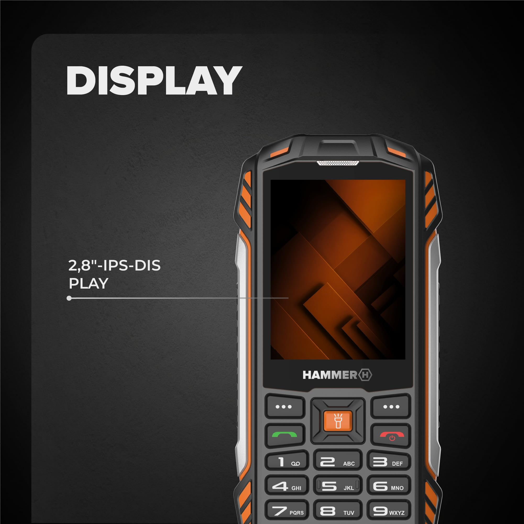Robustes, schwarz-orangenes Mobiltelefon mit 2,8-Zoll-IPS-Display vor dunklem Hintergrund.