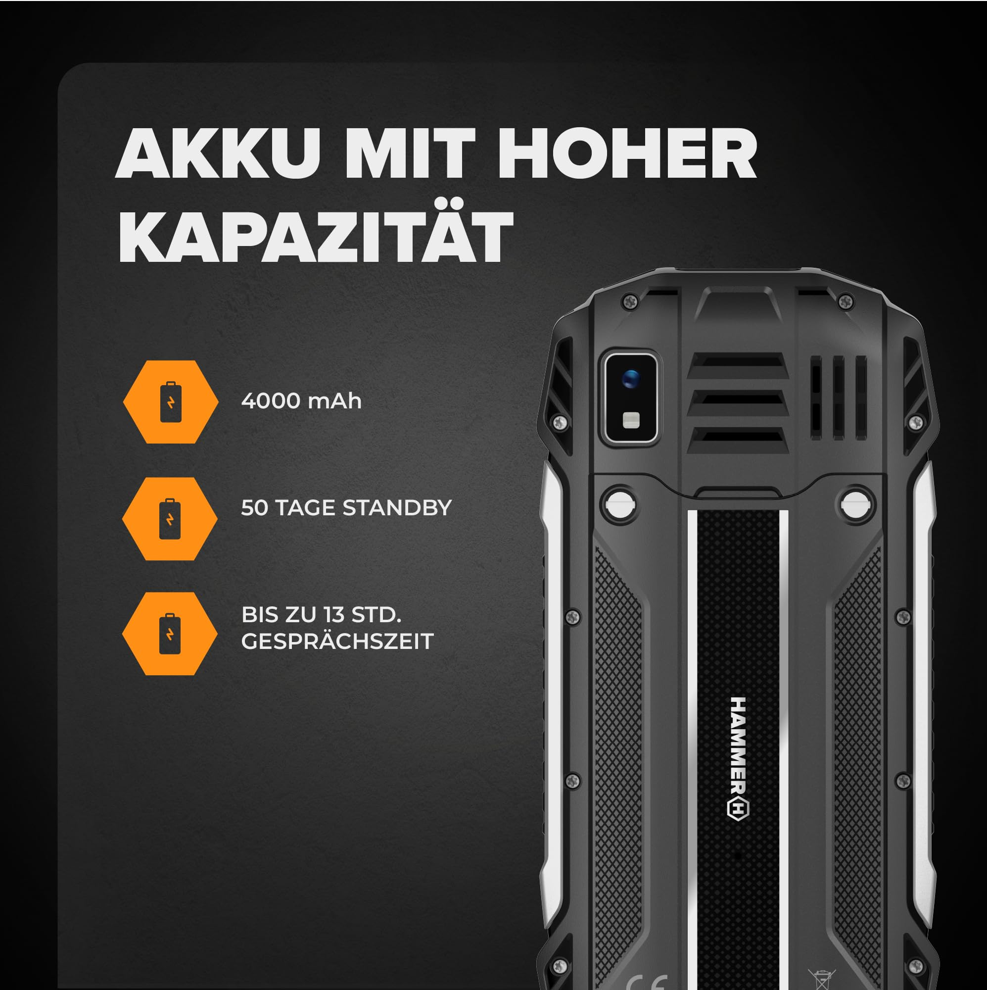 Robuster Smartphone-Rücken mit Akku-Details wie 4000 mAh, 50 Tage Standby und 13 Std. Gesprächszeit.