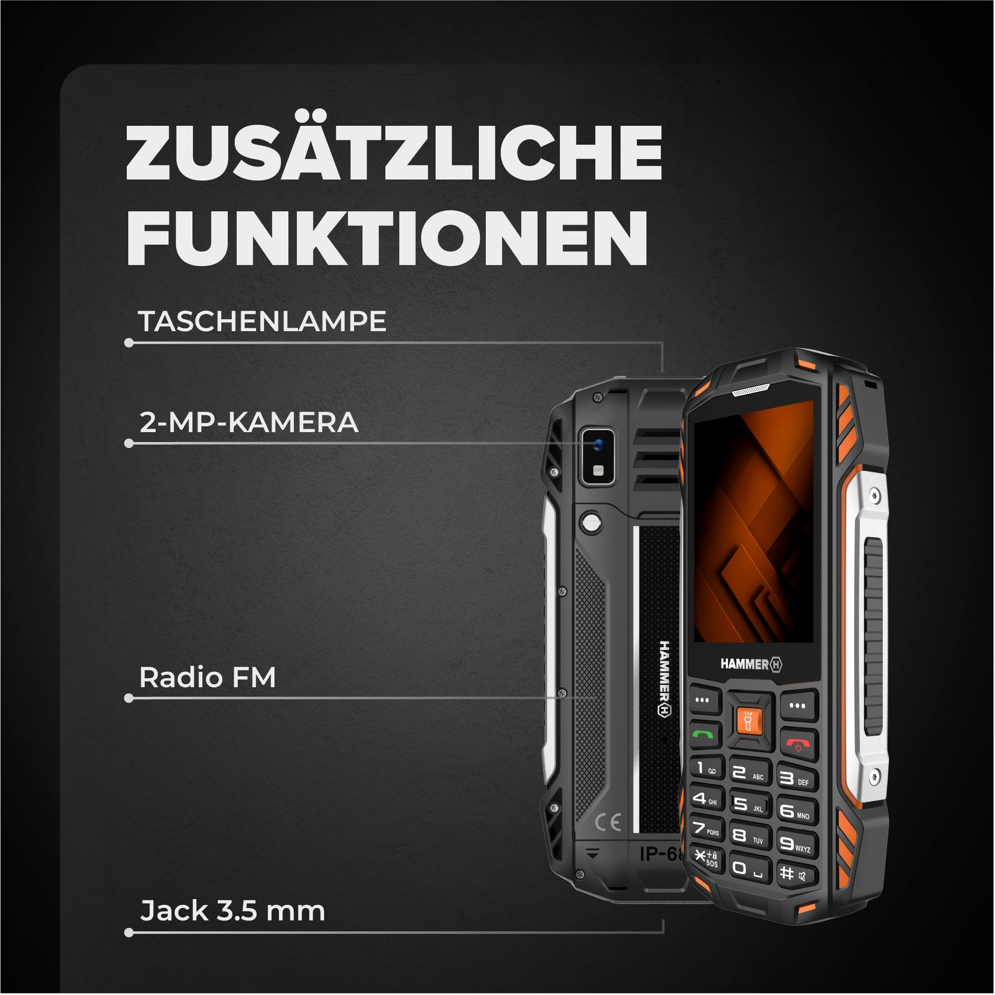 Robustes schwarz-oranges Mobiltelefon mit deutsch beschrifteten Funktionen vor dunklem Hintergrund.