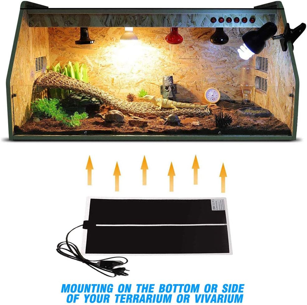 Ein Reptilienterrarium aus Holz mit Beleuchtung und einer Heizmatte mit aufsteigenden Pfeilen.