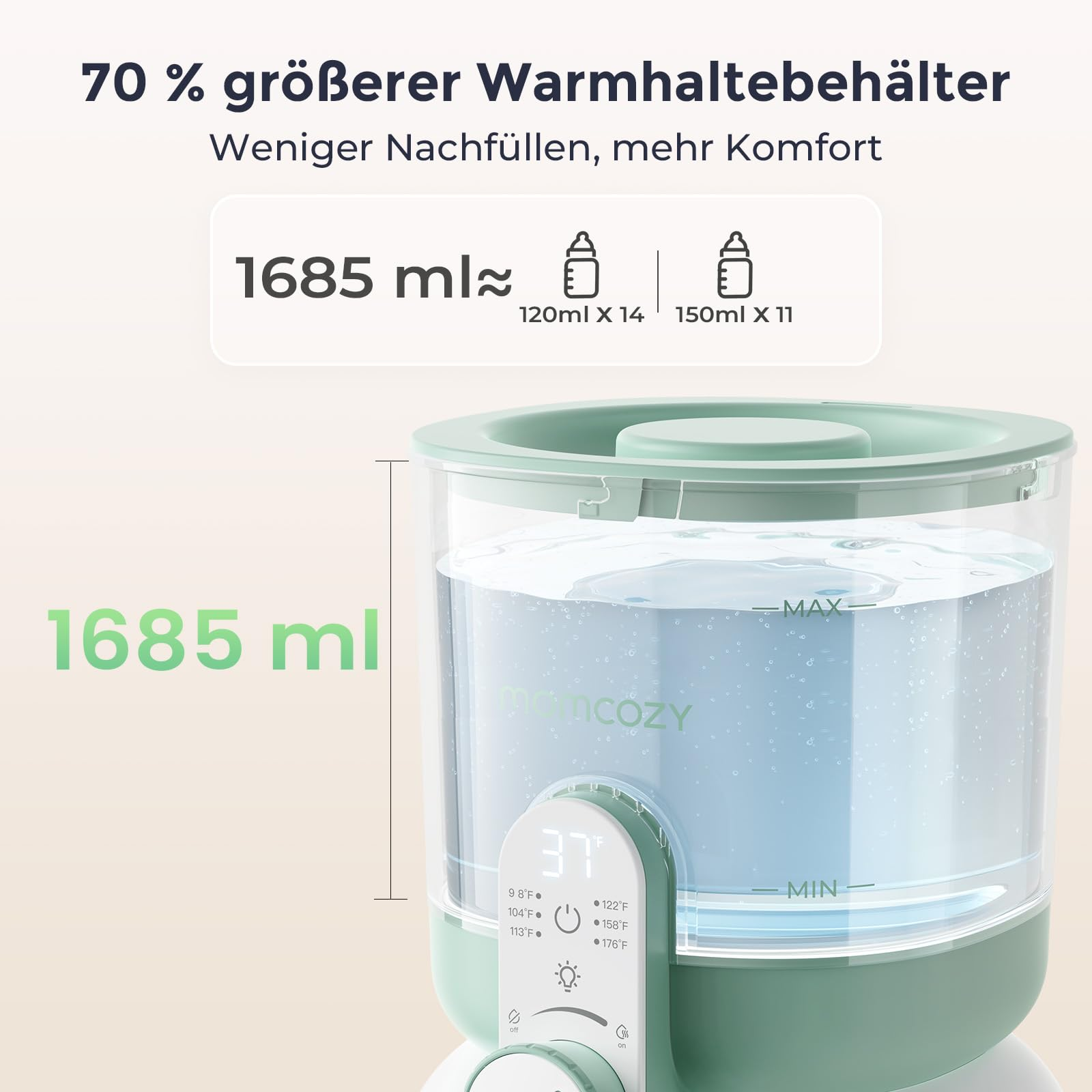 Un grande contenitore riscaldante verde da 1685 ml con display digitale e indicatori di livello.