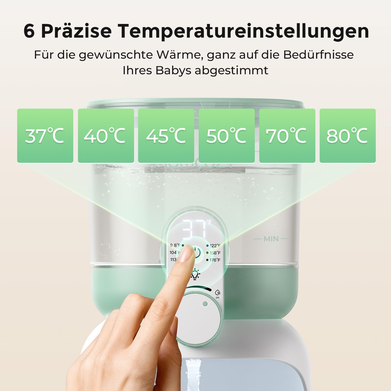 Un dito tocca il pannello di controllo di uno scaldabiberon verde con sei impostazioni di temperatura da 37°C a 80°C.