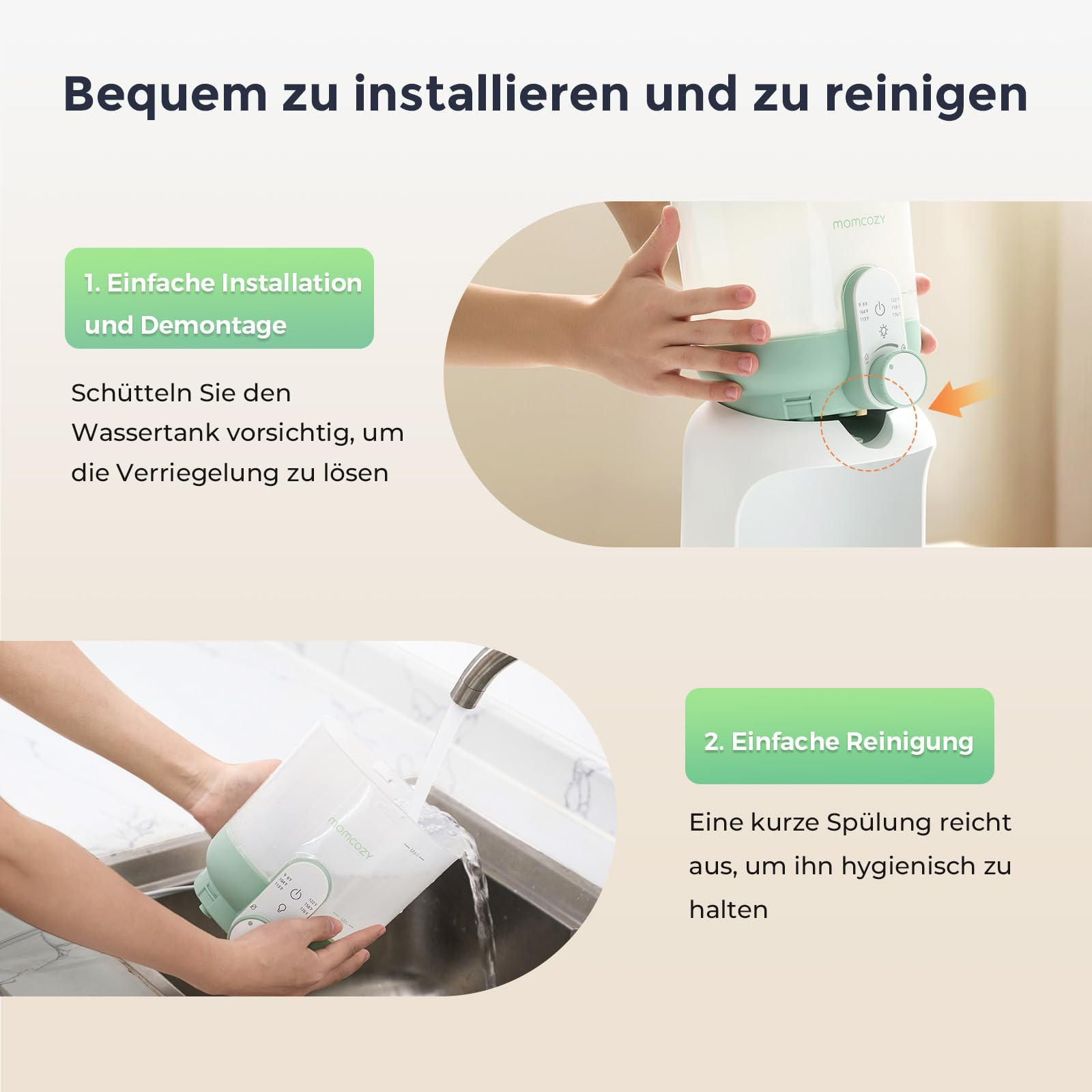 Istruzioni per l'installazione e la pulizia di un serbatoio d'acqua Momcozy in tedesco.