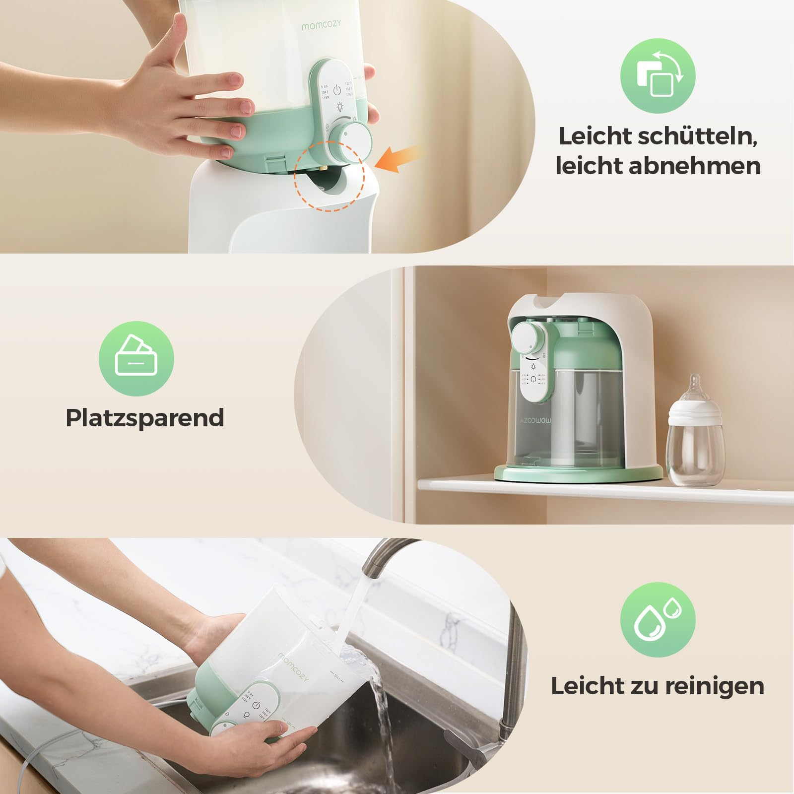 Collage di scaldabiberon verde e bianco mostrato mentre viene assemblato, riposto e lavato nel lavandino.