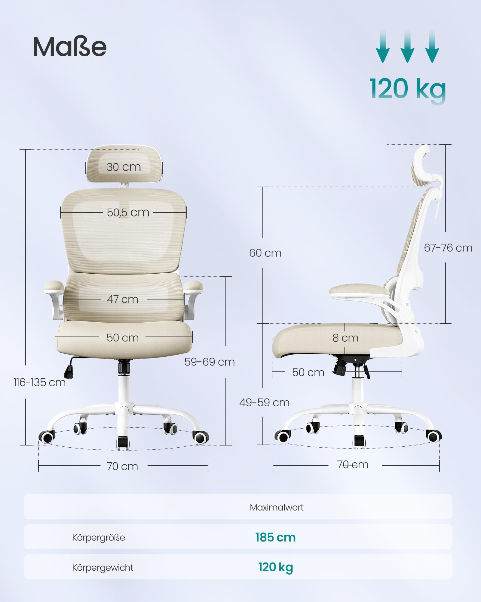 Schéma indiquant les dimensions d'un fauteuil de bureau blanc en résille pour 120 kg max.
