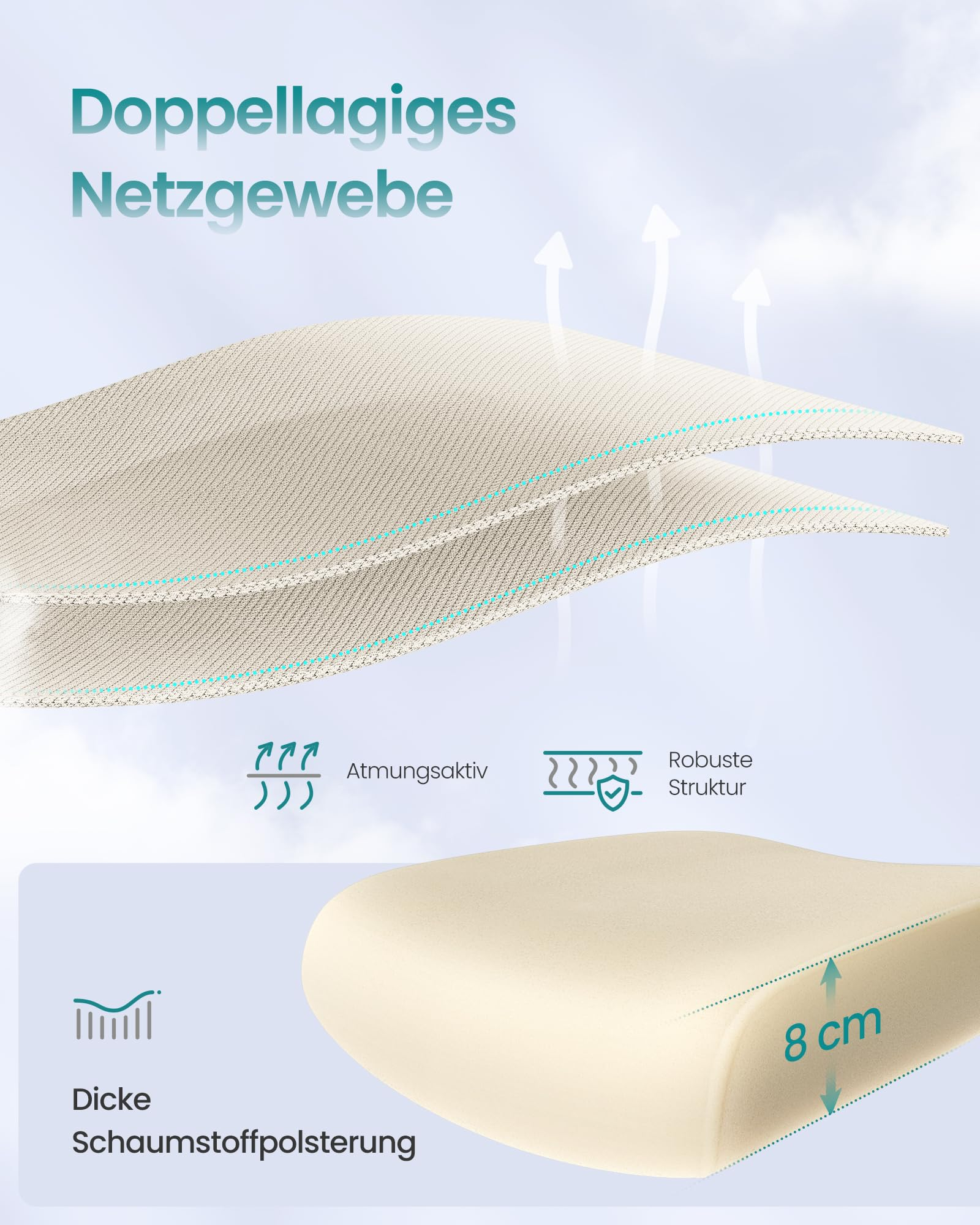 Tissu mesh double couche et rembourrage en mousse de 8 cm d'épaisseur pour la respirabilité et une structure robuste.