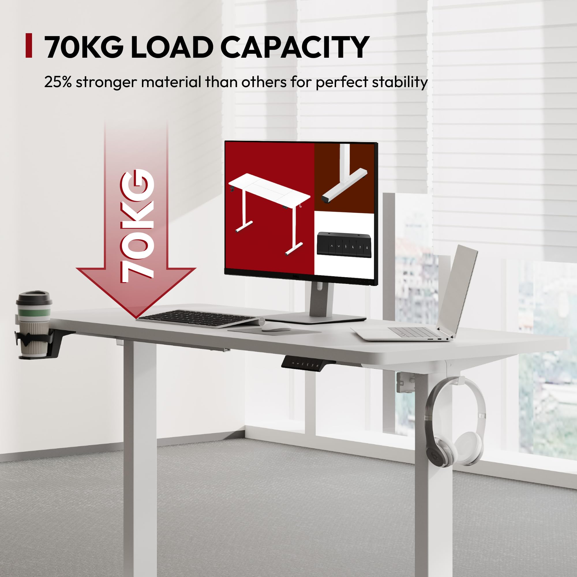 Bureau debout blanc avec moniteur, ordinateur portable et porte-gobelet, avec graphique rouge de 70 kg.