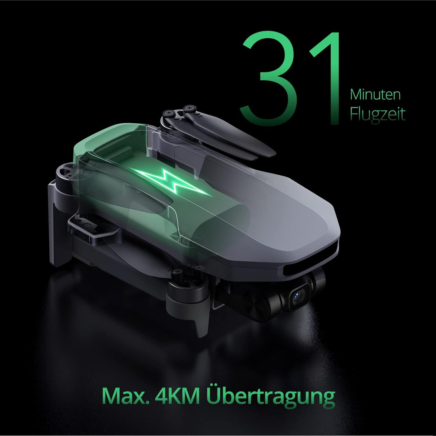 Un drone grigio con vano batteria verde, 31 minuti di volo e trasmissione di 4 km.