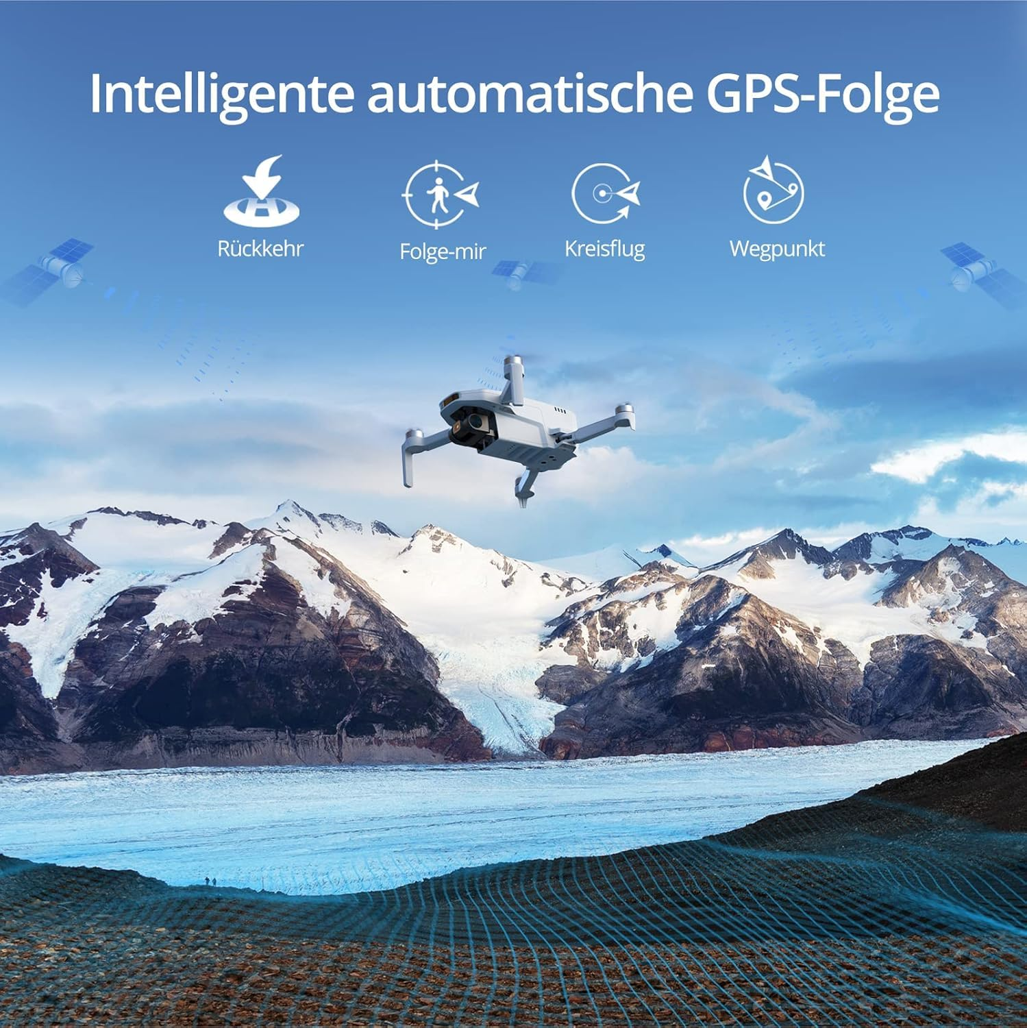 Un drone vola su un paesaggio montano con ghiacciai e icone di funzioni GPS in alto.