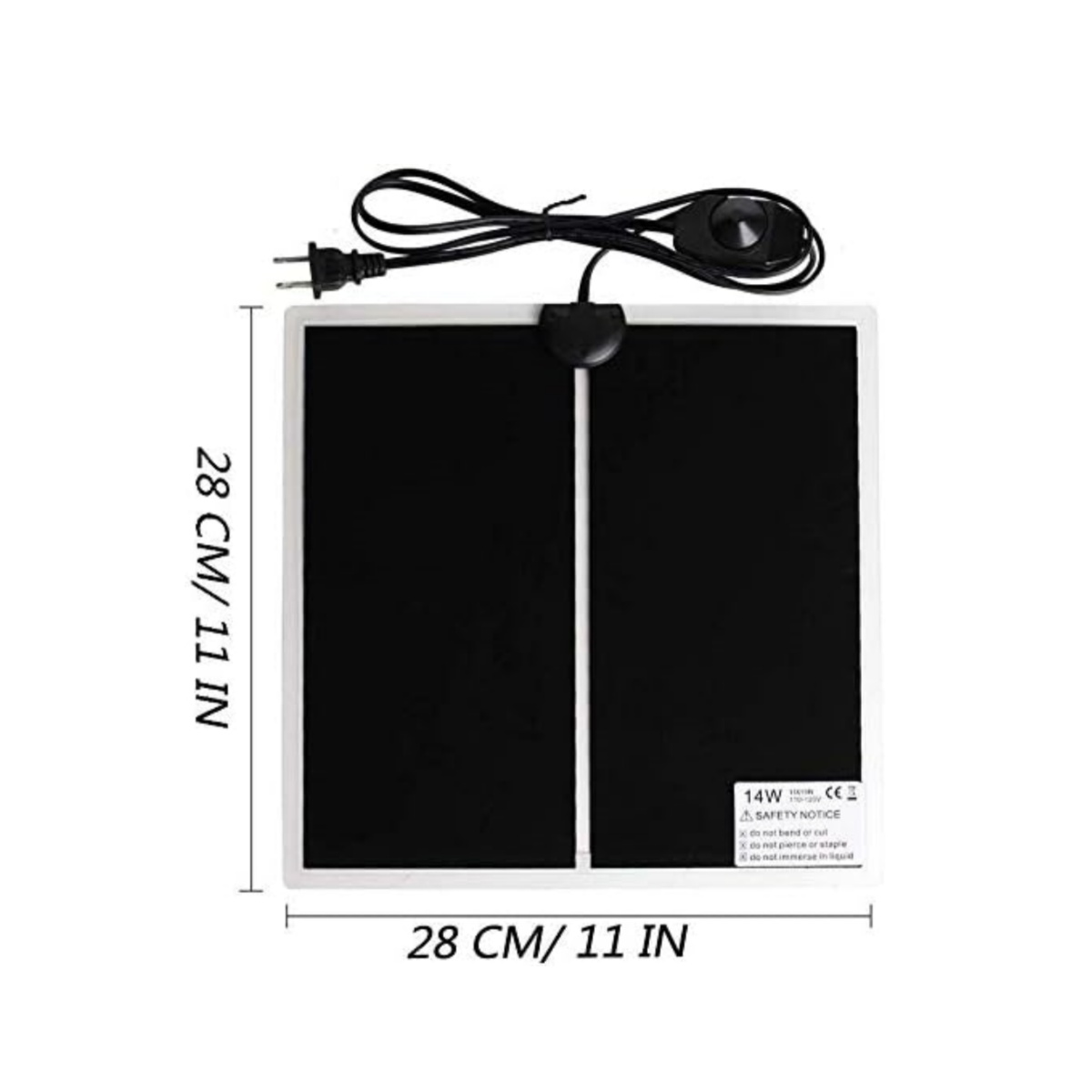 Quadratisches 28x28 cm schwarzes Heizkissen mit weißem Rand, Netzkabel und Sicherheitsetikett.