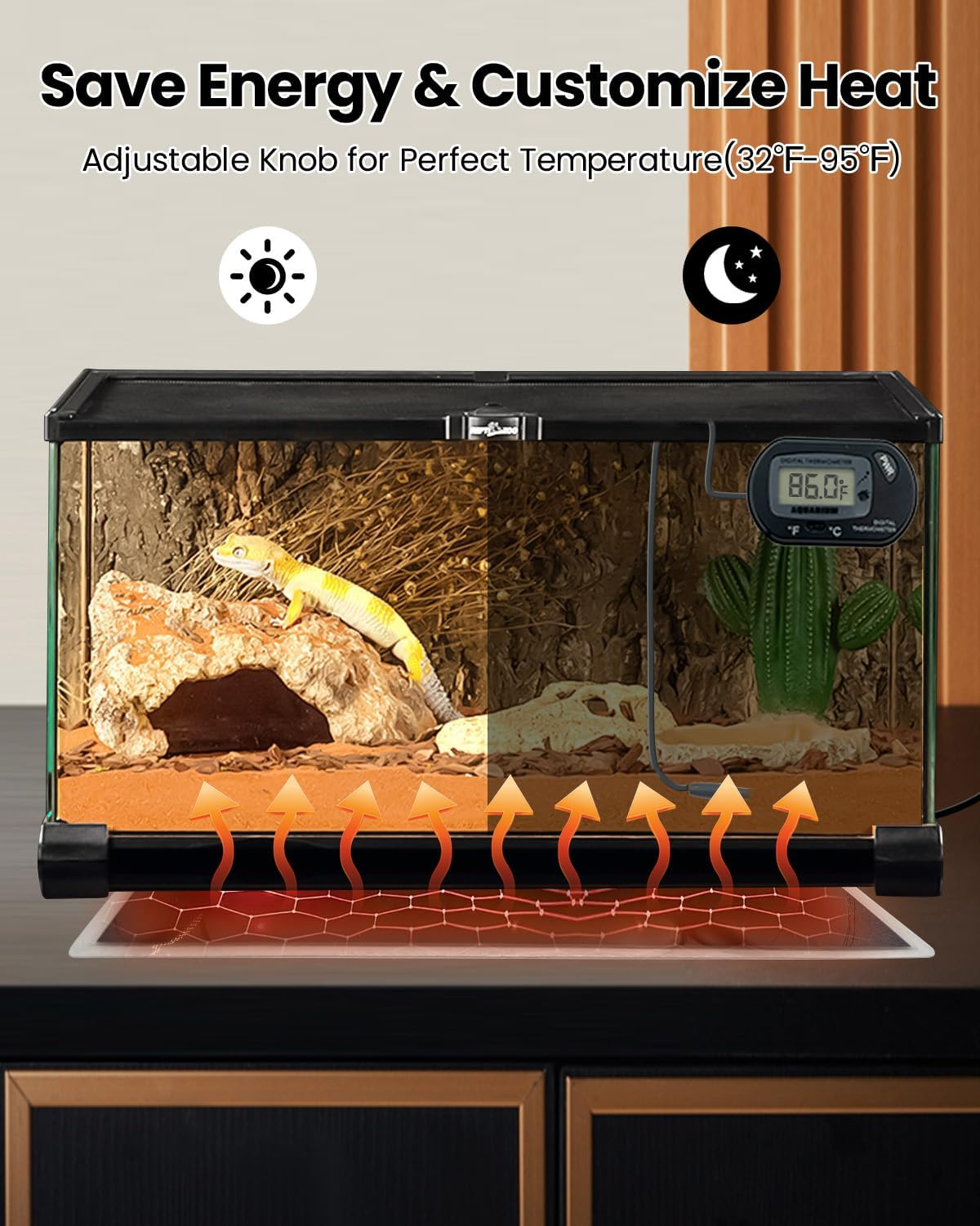 Ein Reptilienbecken mit Gecko, Thermometer und Heizdecke, das Text und Symbole zeigt.
