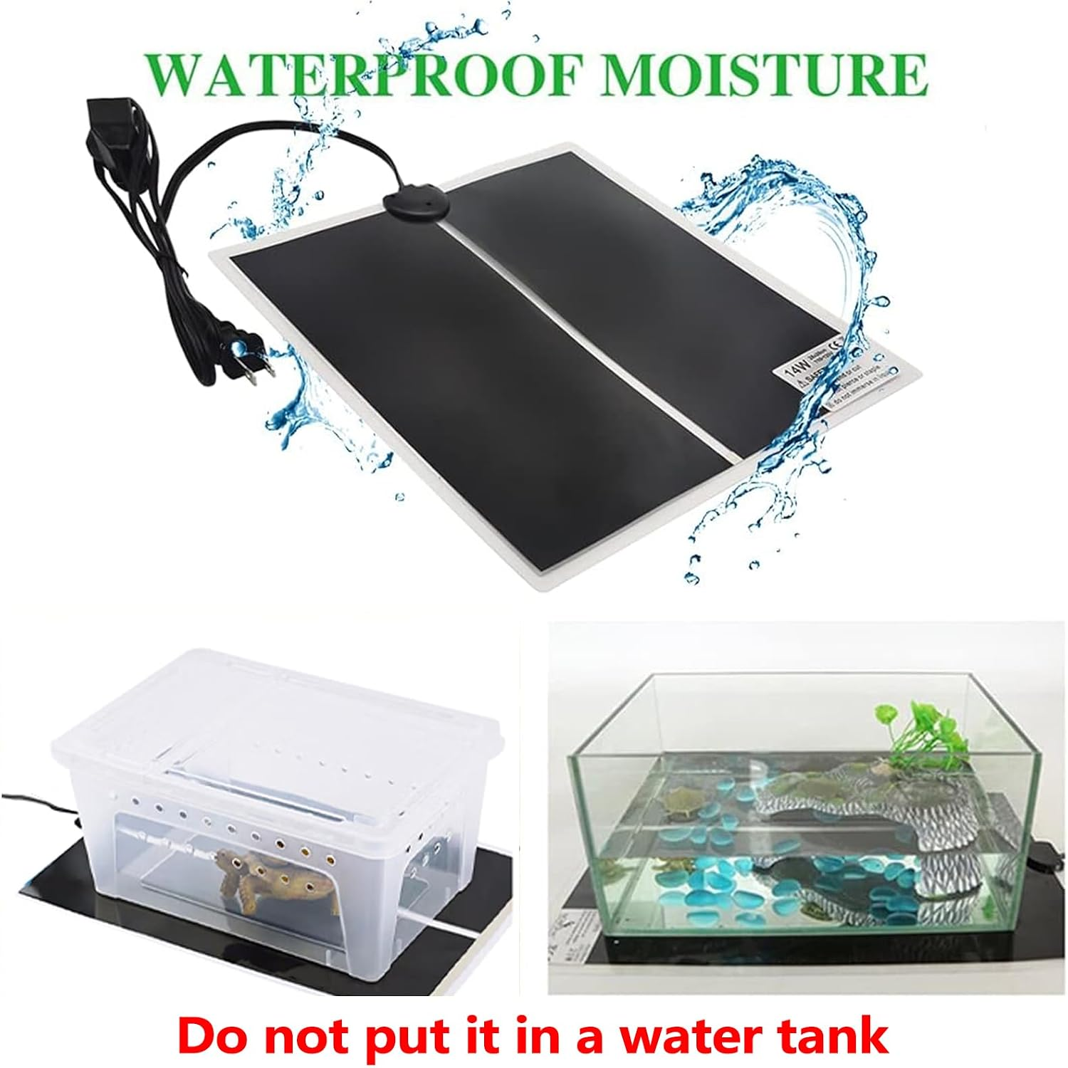 Eine wasserdichte Heizmatte mit Wasserspritzern und zwei Terrarien, mit dem Hinweis, sie nicht in Aquarien zu nutzen.