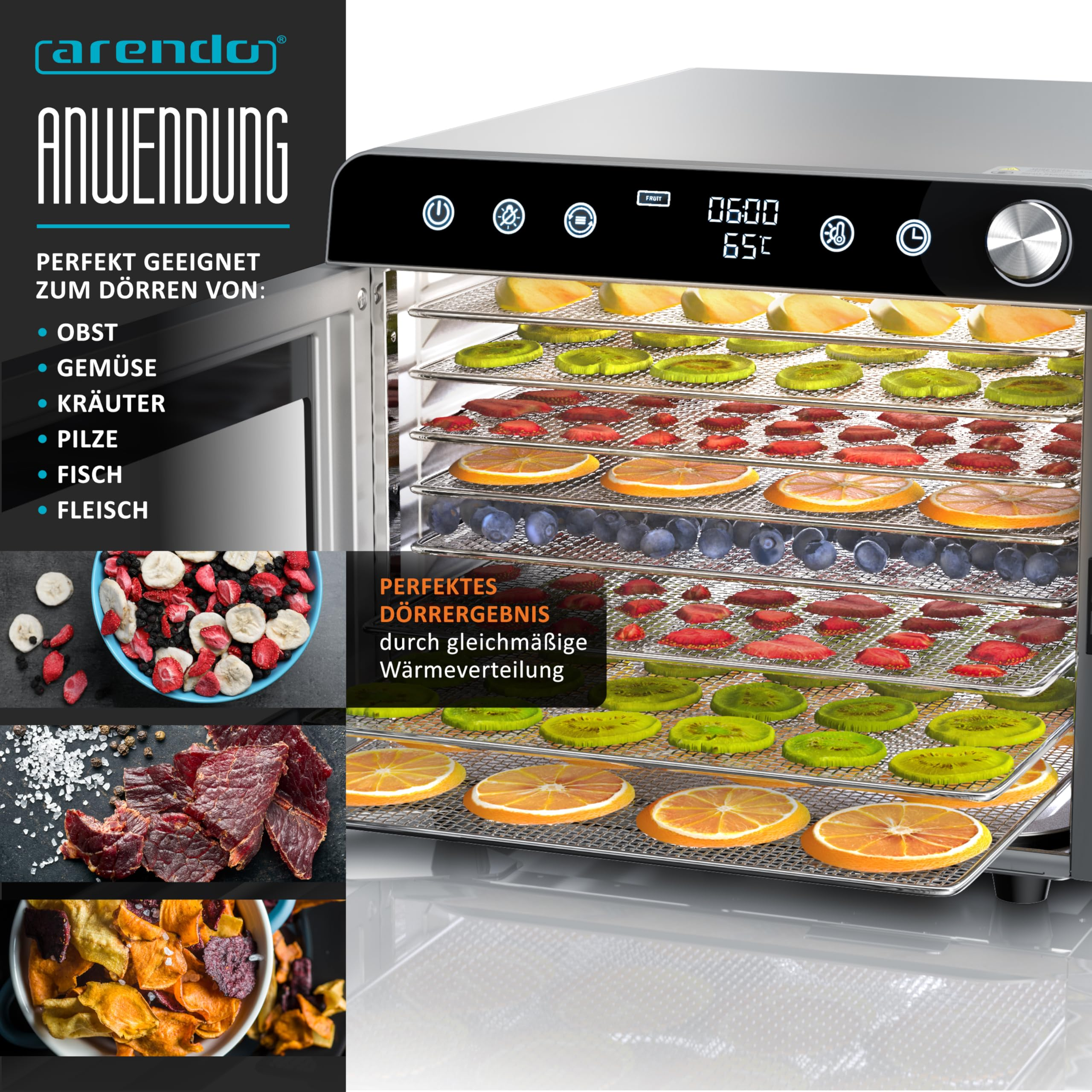 Arendo-Lebensmittelautomat mit Edelstahlregalen voller getrocknetem Obst, Früchten und Fleischstücken.
