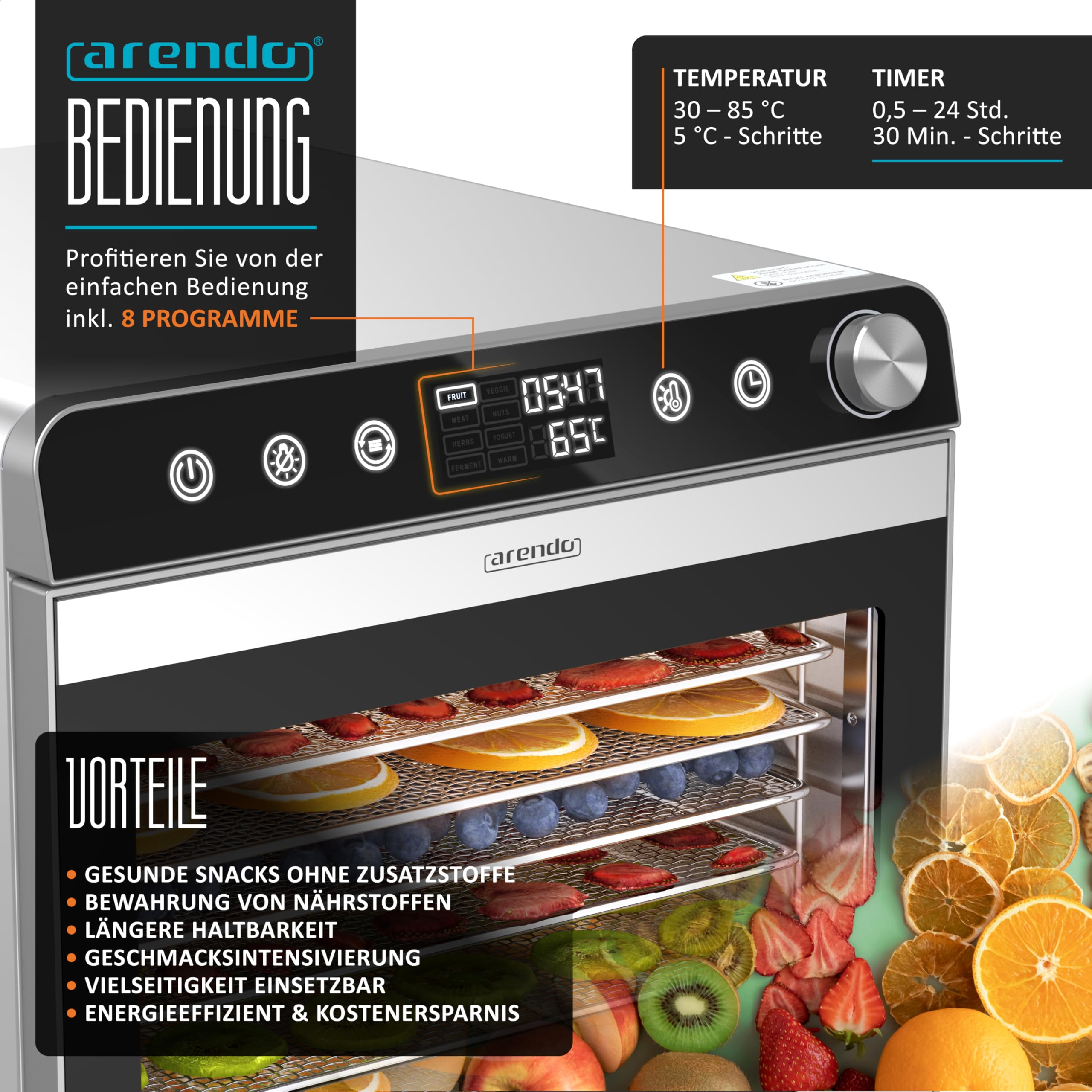 Ein Arendo-Dehydrator mit LED-Display zeigt Trockenobst auf Edelstahlblechen. Textfelder beschreiben die Bedienung.