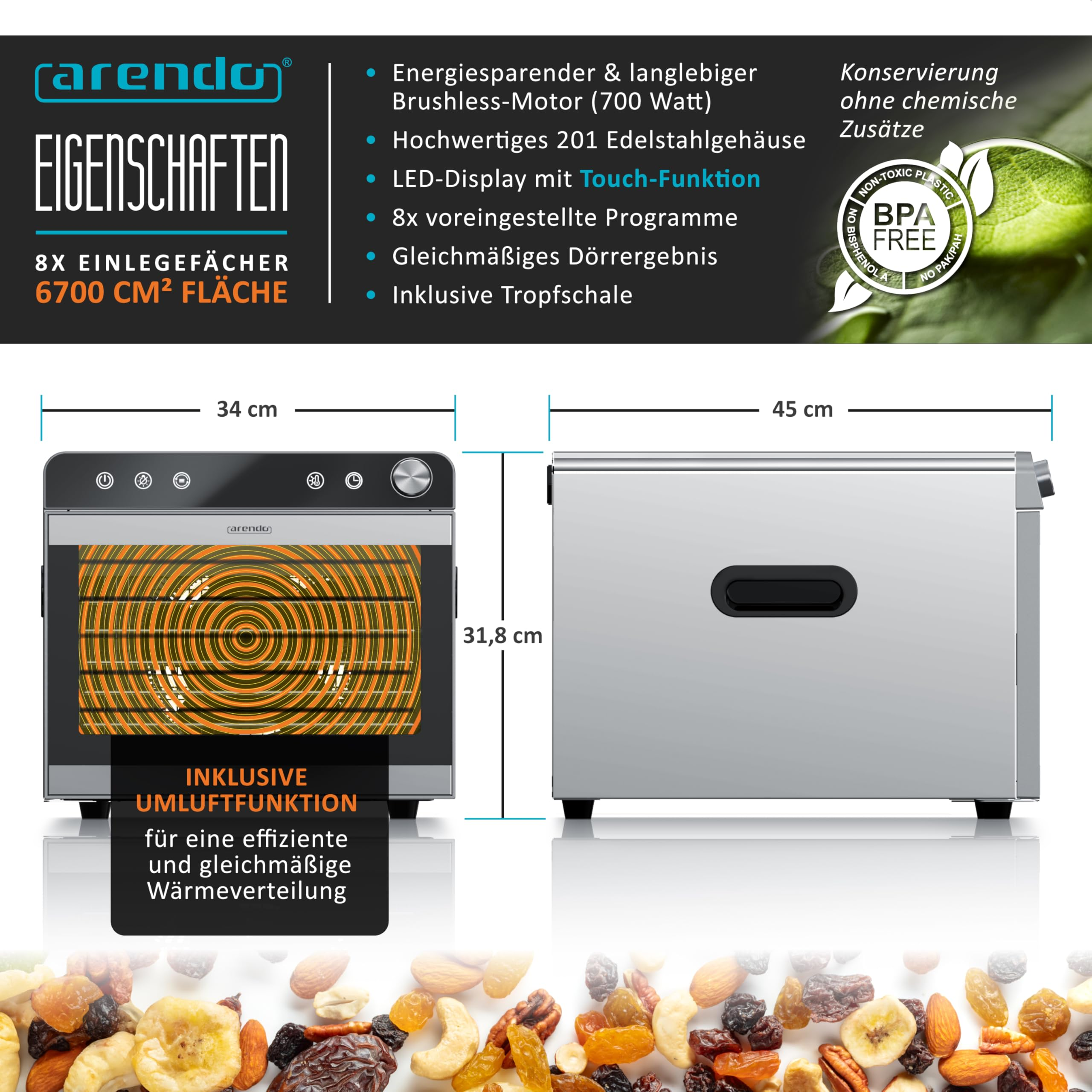 Arendo Dörrautomat mit Edelstahlgehäuse, LED-Display und Abmessungen sowie gemischten Nuts und Trockenfrüchten.