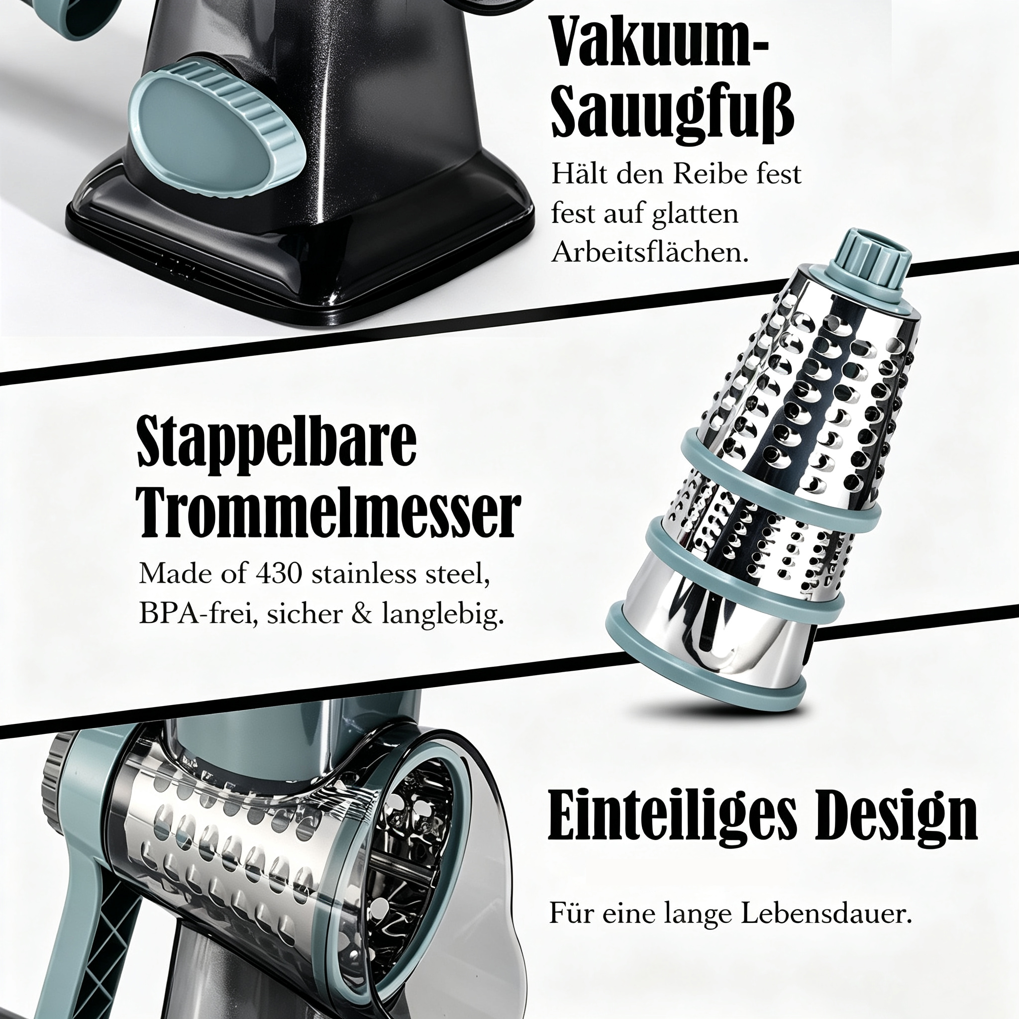 Produktmerkmale einer Küchenreibe mit Saugnapf, Edelstahlklingen und einteiligem Design.