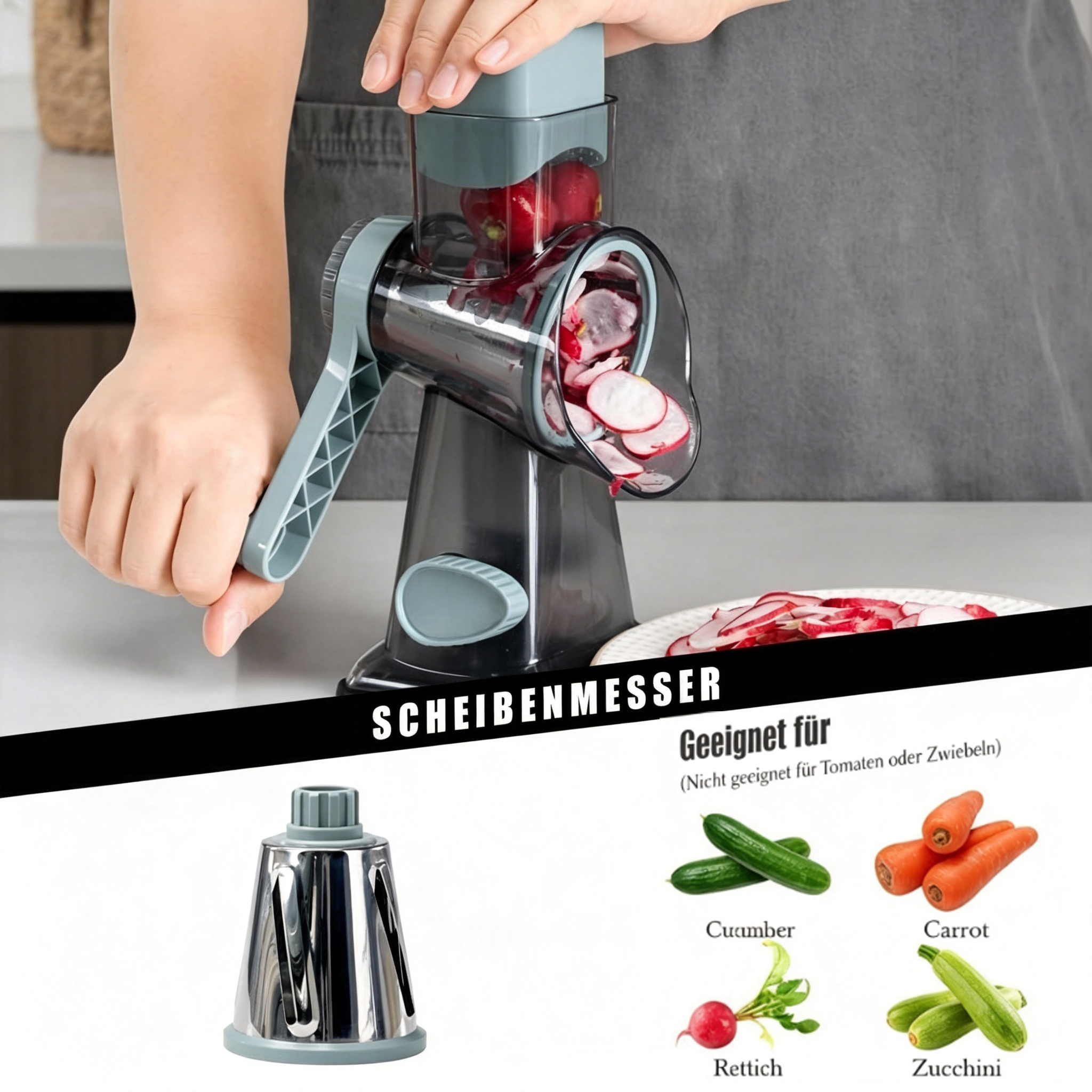 Eine Person benutzt eine graue Handreibemaschine zum Radieschenschneiden, unten sind Klingeneinsatz und Gemüsesorten zu sehen.