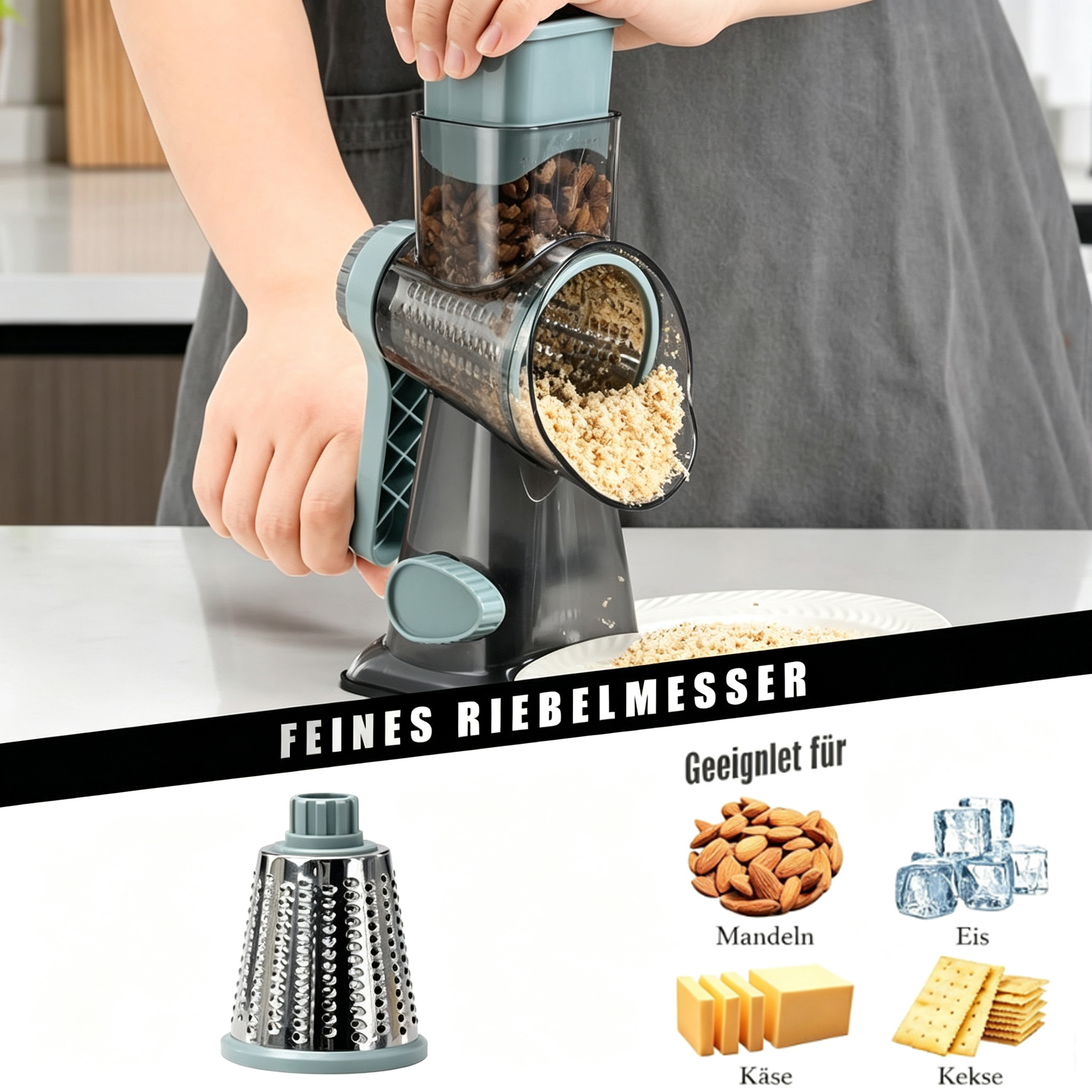 Person bedient graue Reibe, die Nüsse mahlt. Unten Reibeinsatz und Eignung für Mandeln, Eis, Käse und Kekse.