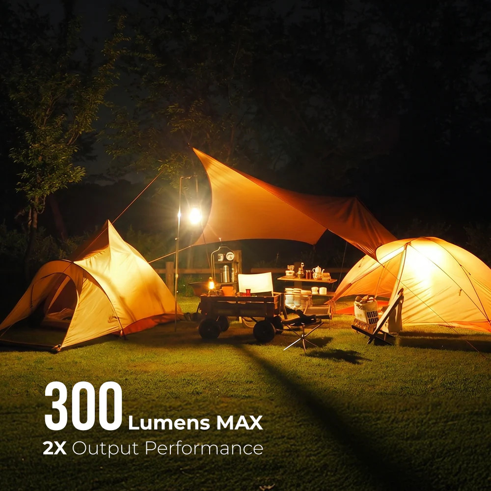Nachtszene im Freien mit zwei beleuchteten Zelten, einem Tarp und Campingausrüstung auf einer Wiese.