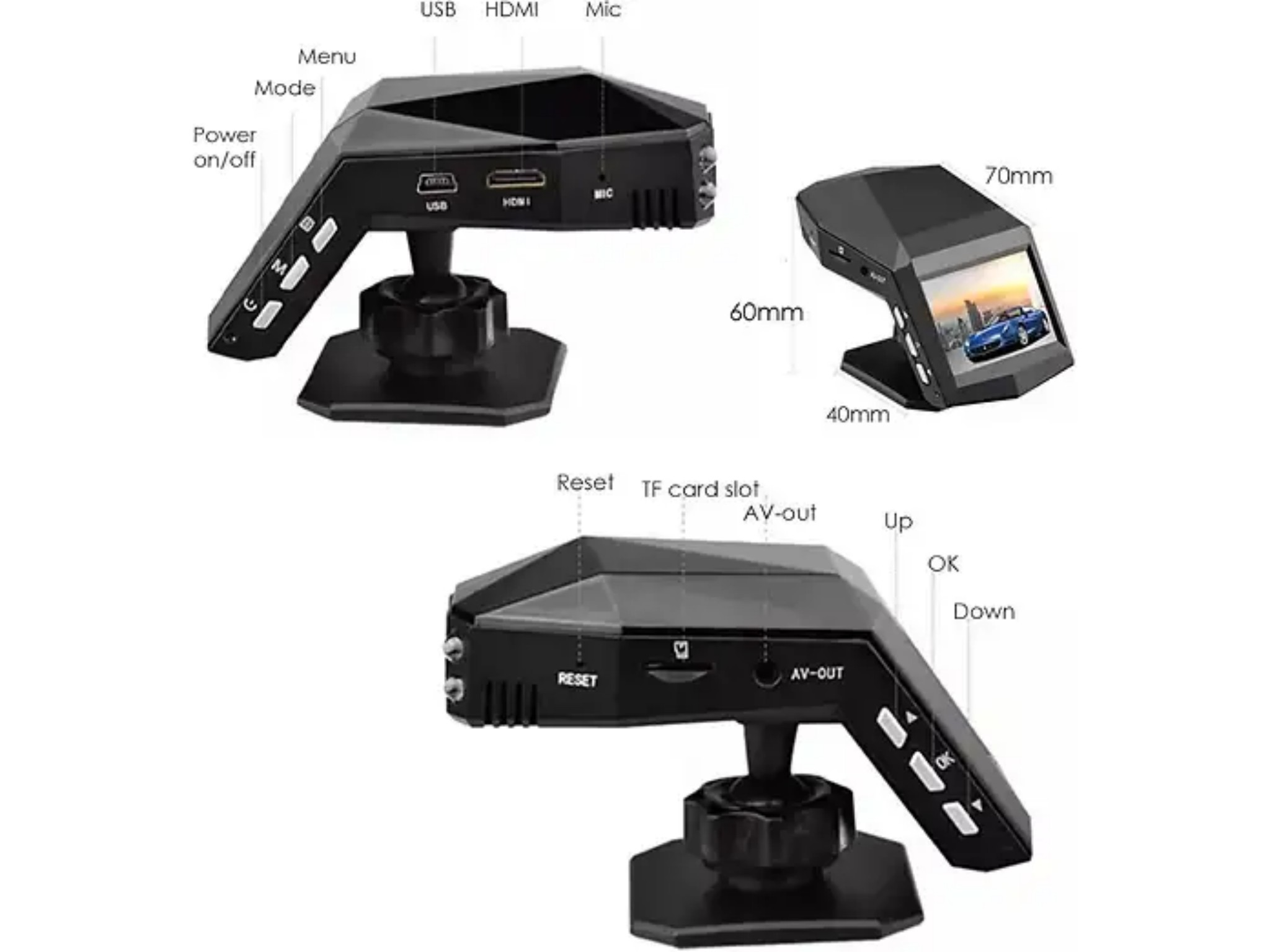 Schwarze Dashcam mit USB, HDMI, Mikrofon, Kartenslot und Tasten, inklusive Maßangaben.